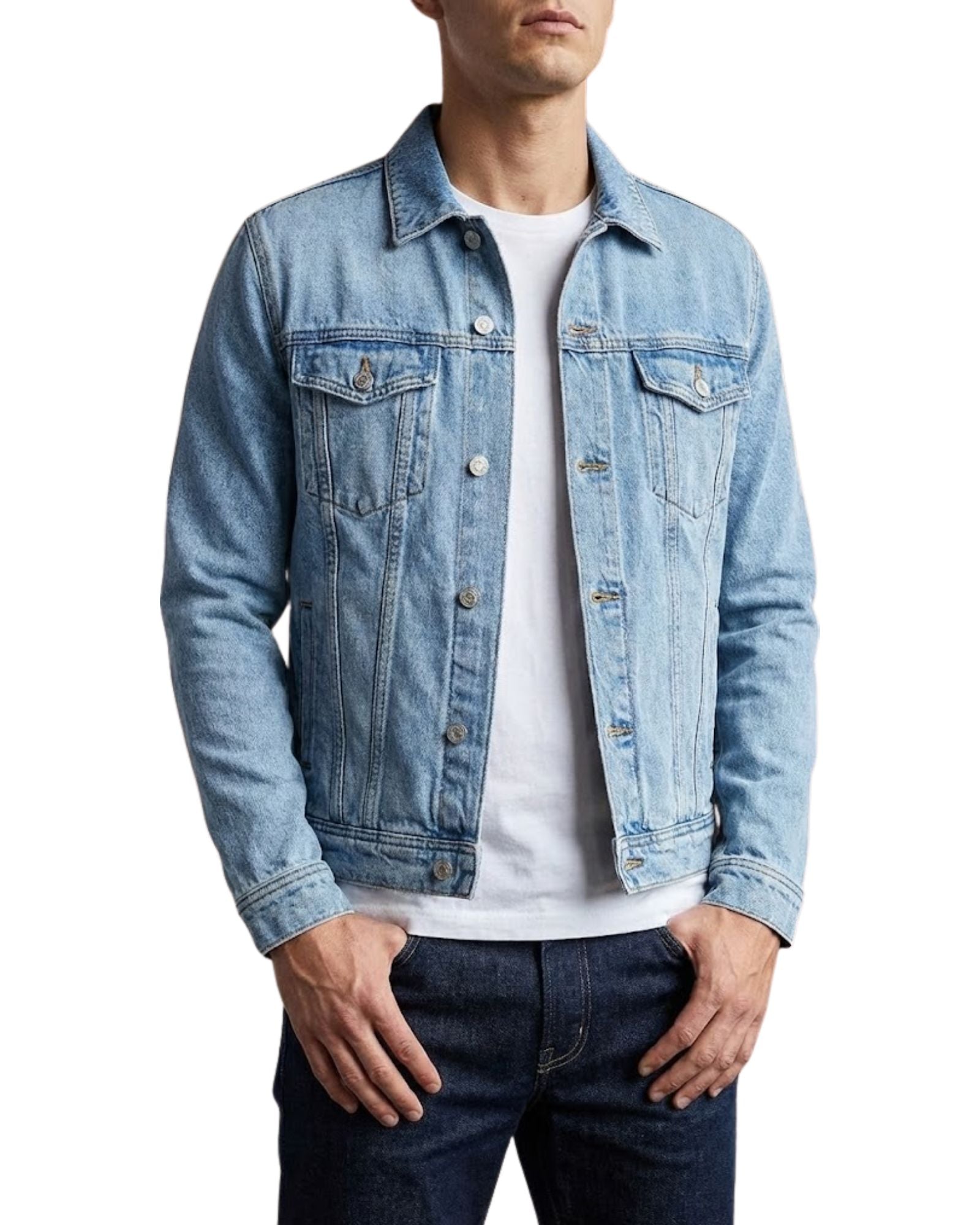 Man wearing a light blue denim jacket over a white shirt 