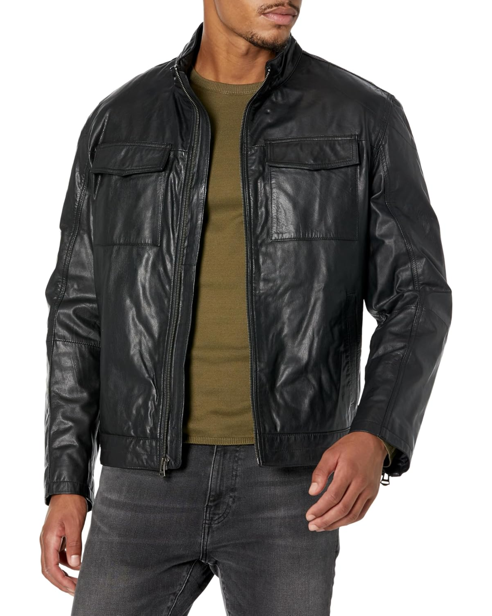 Man wearing a black leather jacket over a green shirt 