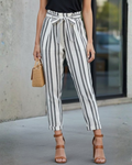 BERSHKA - High-Waist Striped Paperbag Linen-Blend Pants