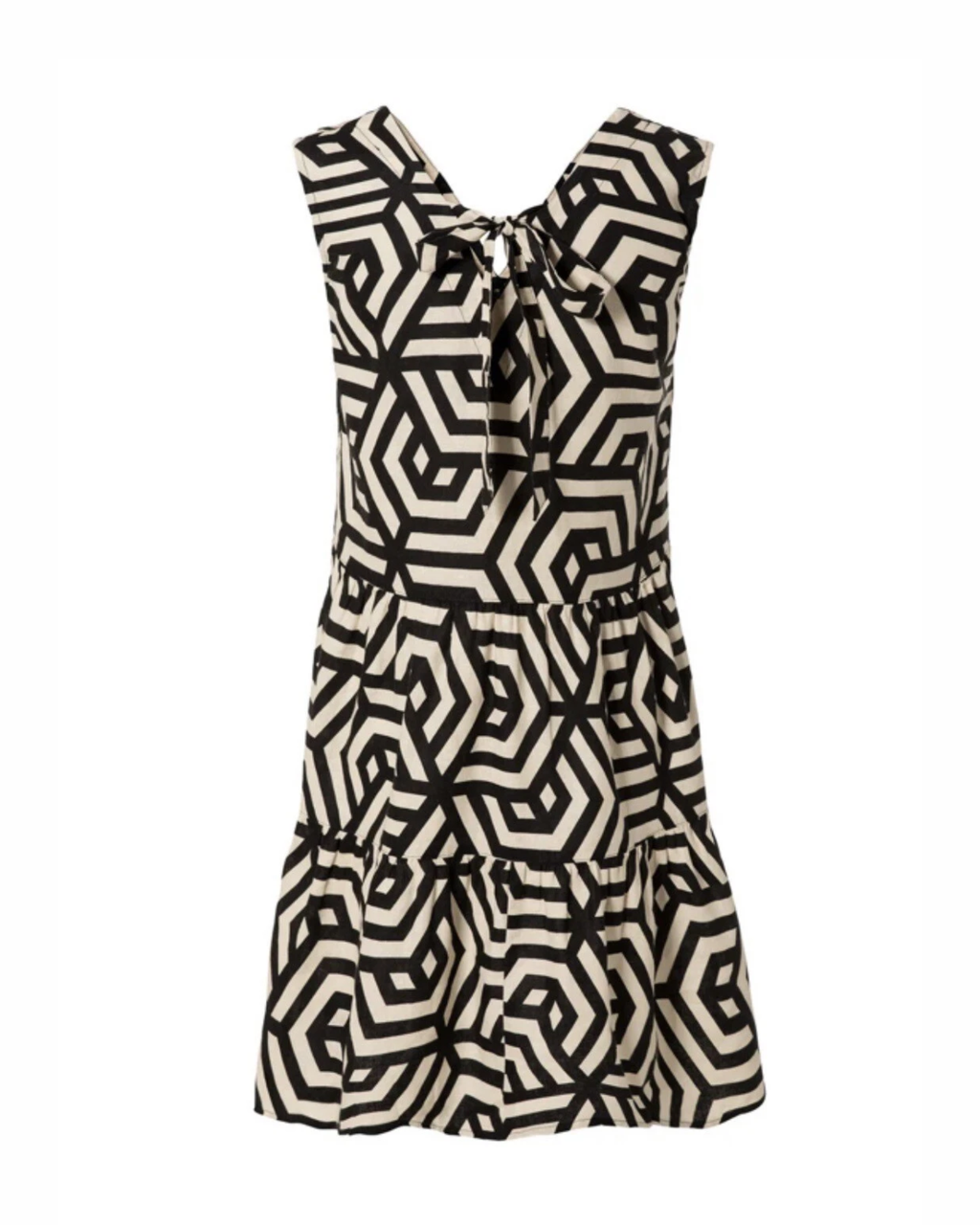 ESMARA - Geometric Print Linen Blend V-Neck Tiered Dress