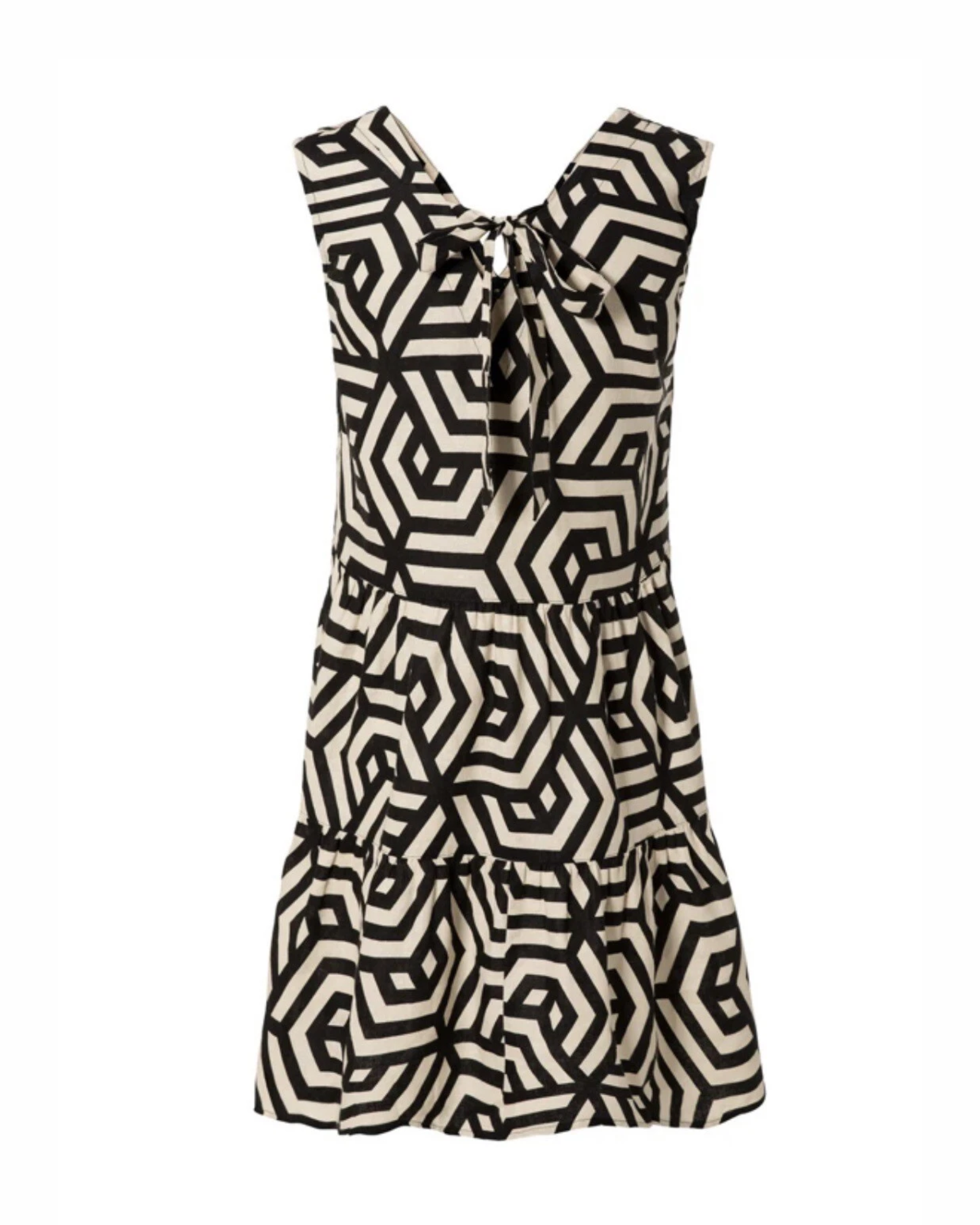 ESMARA - Geometric Print Linen Blend V-Neck Tiered Dress