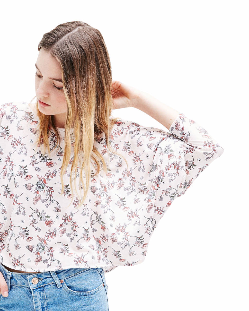 BERSHKA - Floral Batwing Light Pink Blouse