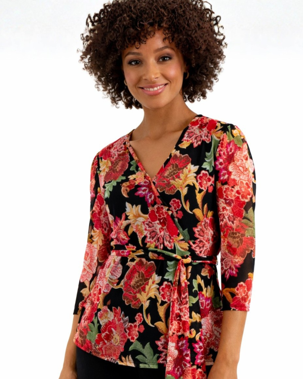 JM COLLECTION - Women’s Printed Wrap Top in Deep Black Combo