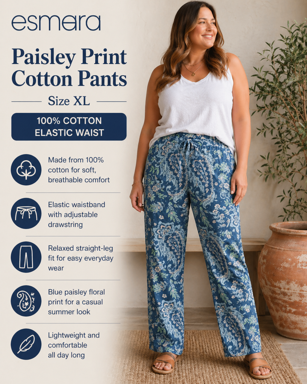 ESMARA - Women’s Paisley Print All Cotton Pants