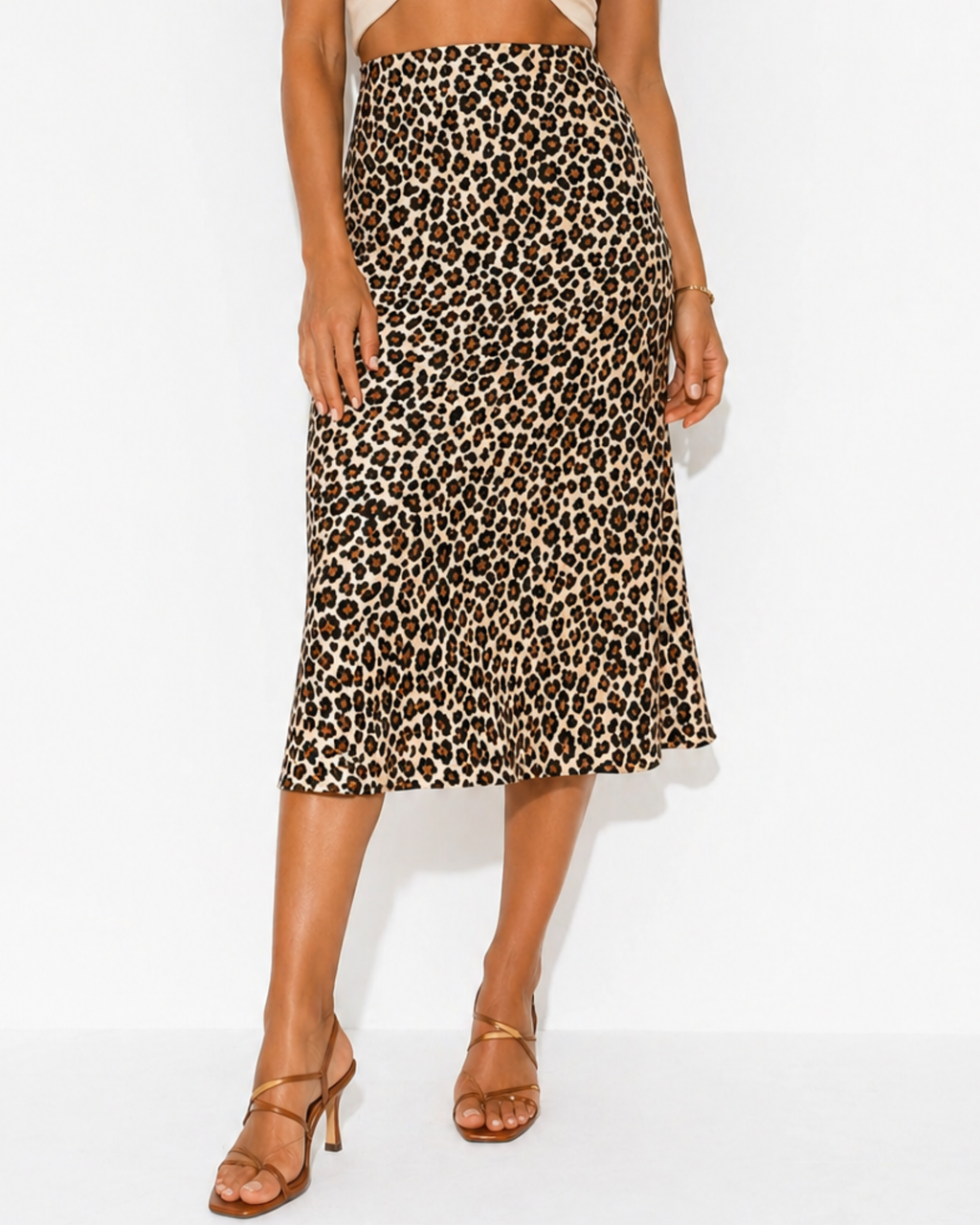 ESMARA - Women’s High-Waisted Leopard Print Midi Satin Skirt