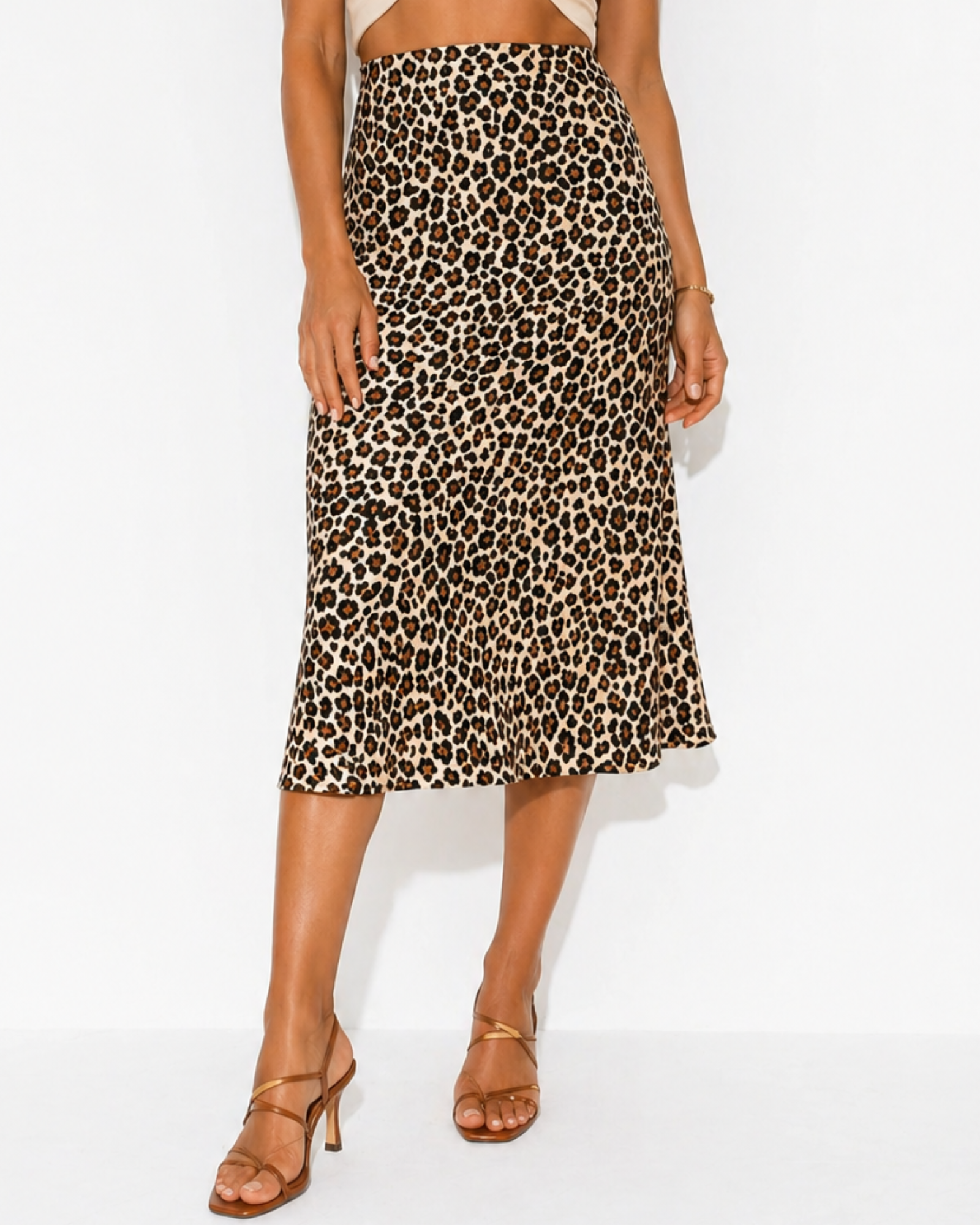 ESMARA - Women’s High-Waisted Leopard Print Midi Satin Skirt