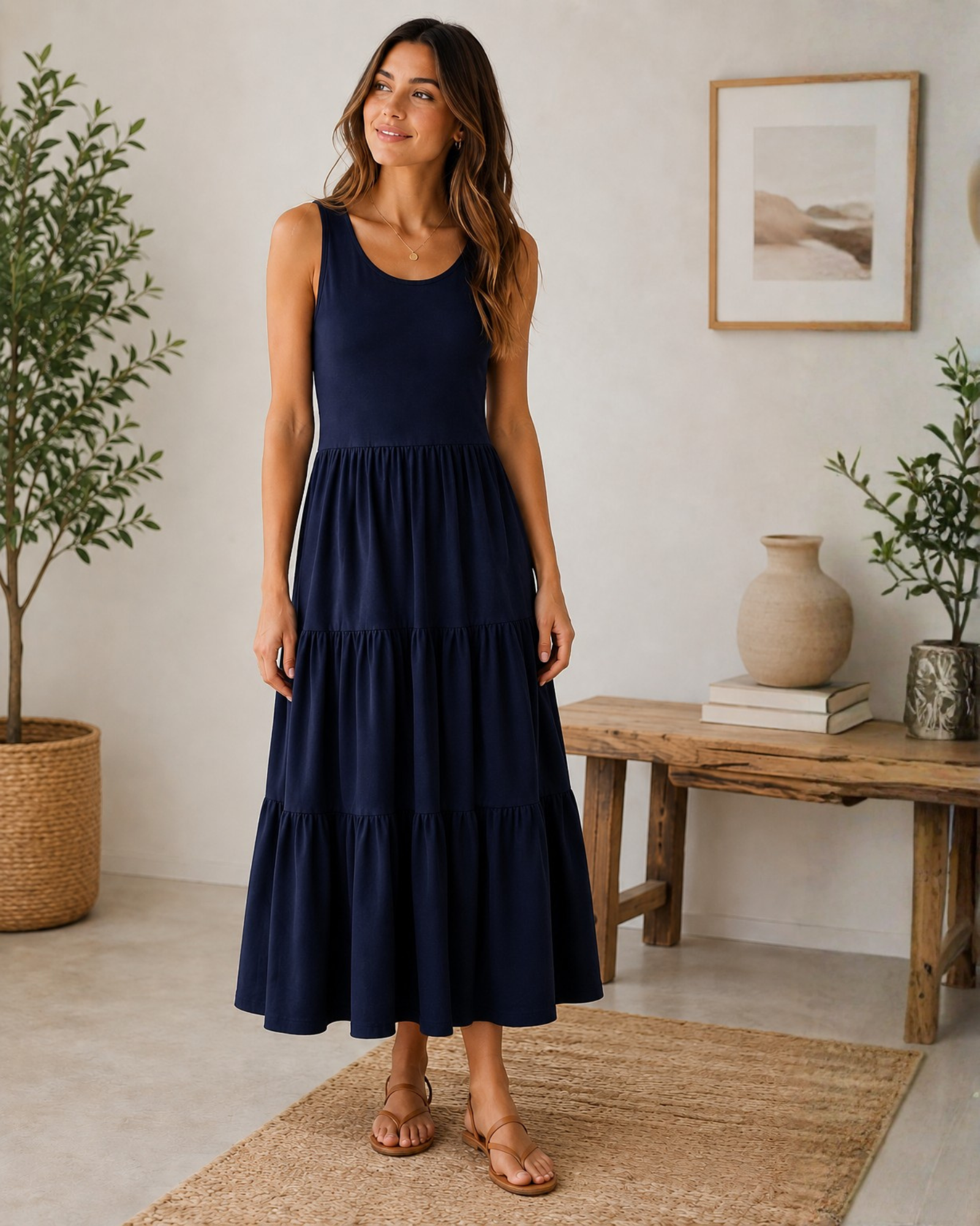 ESMARA - Navy Sleeveless Tiered Maxi Dress