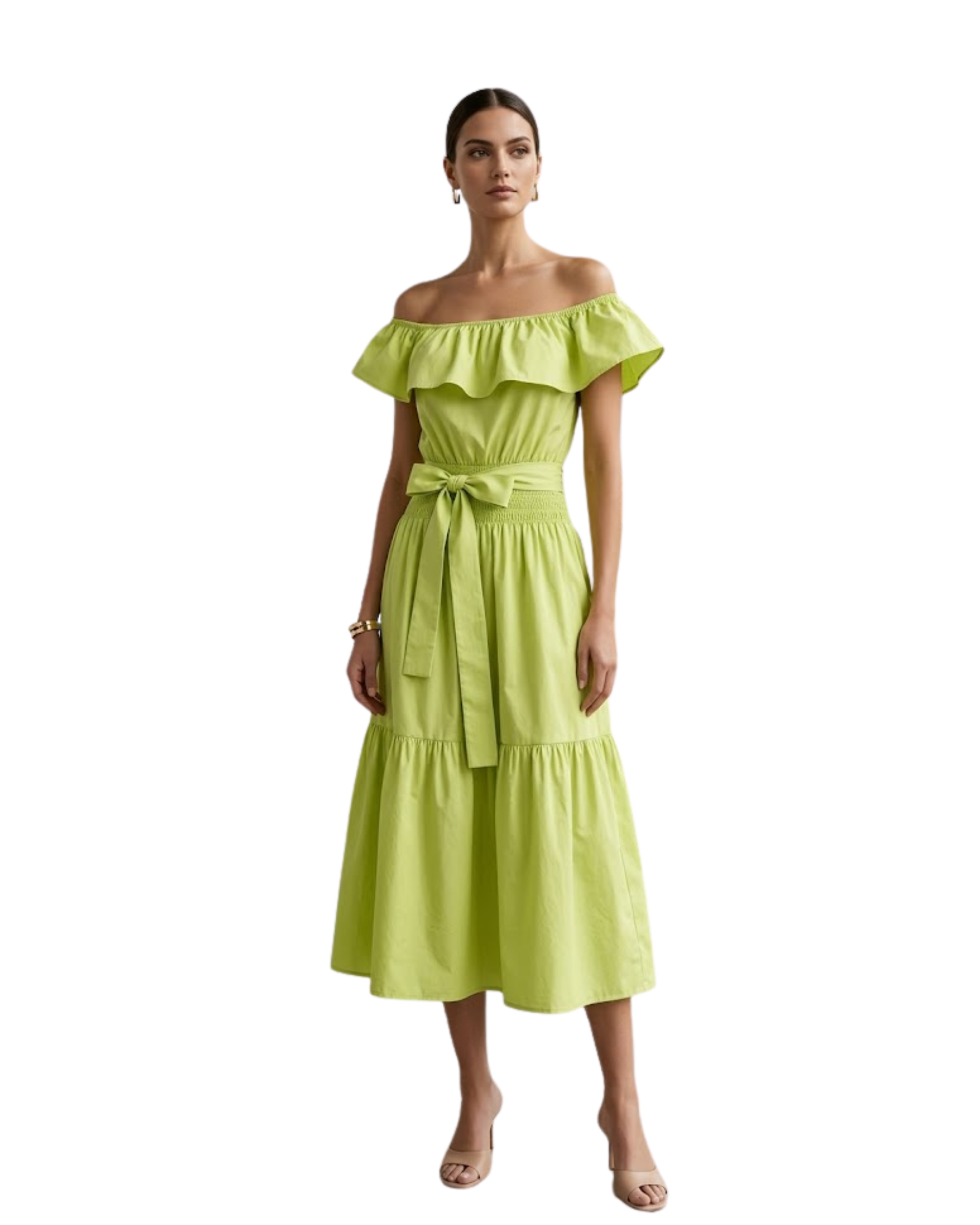 STRADIVARIUS - Lime Green Cotton-Blend ON/Off-the-Shoulder Midi Dress