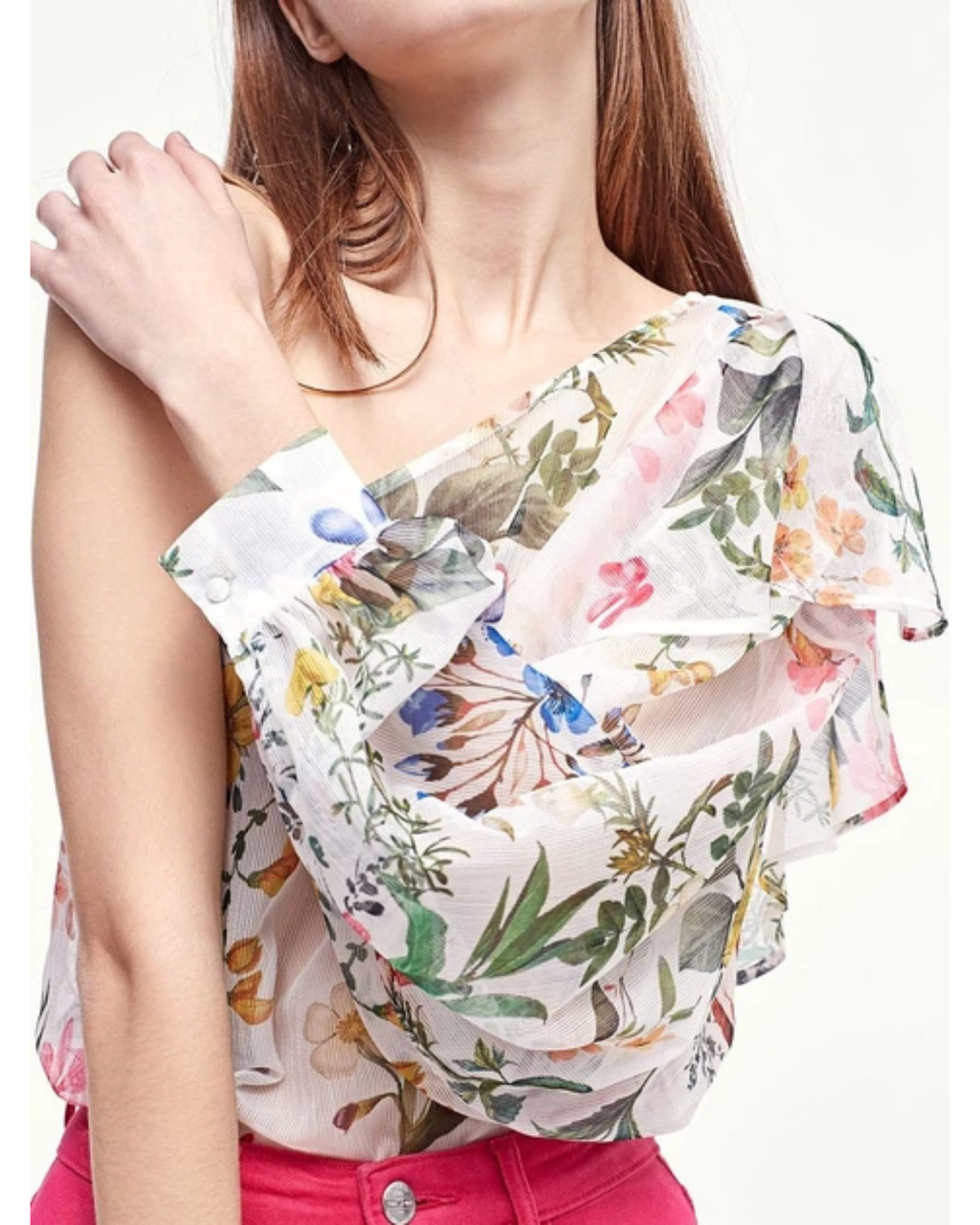 STRADIVARIUS - Floral One-Shoulder Chiffon Top