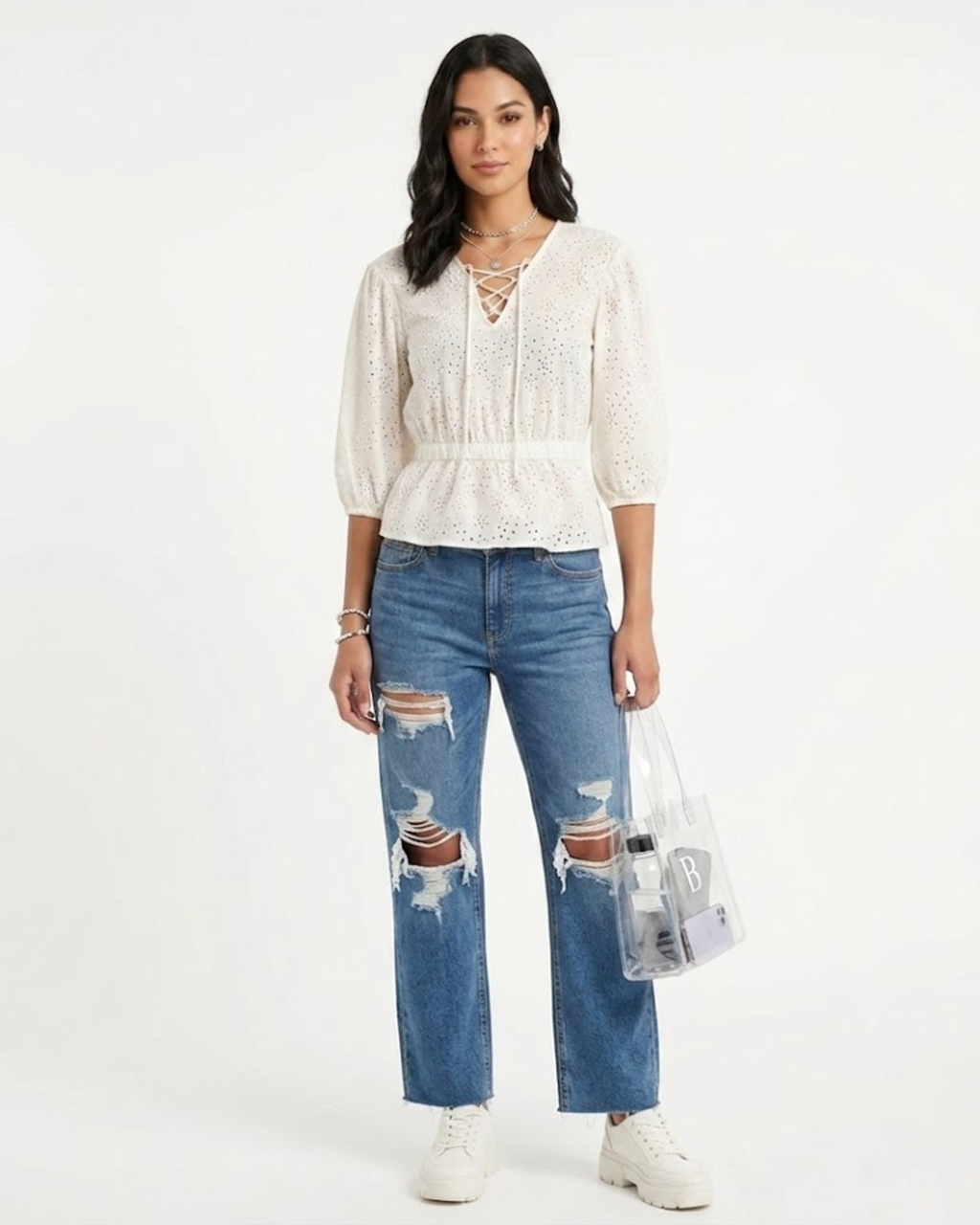 BERSHKA - Cotton Eyelet Corset-Detail Blouse