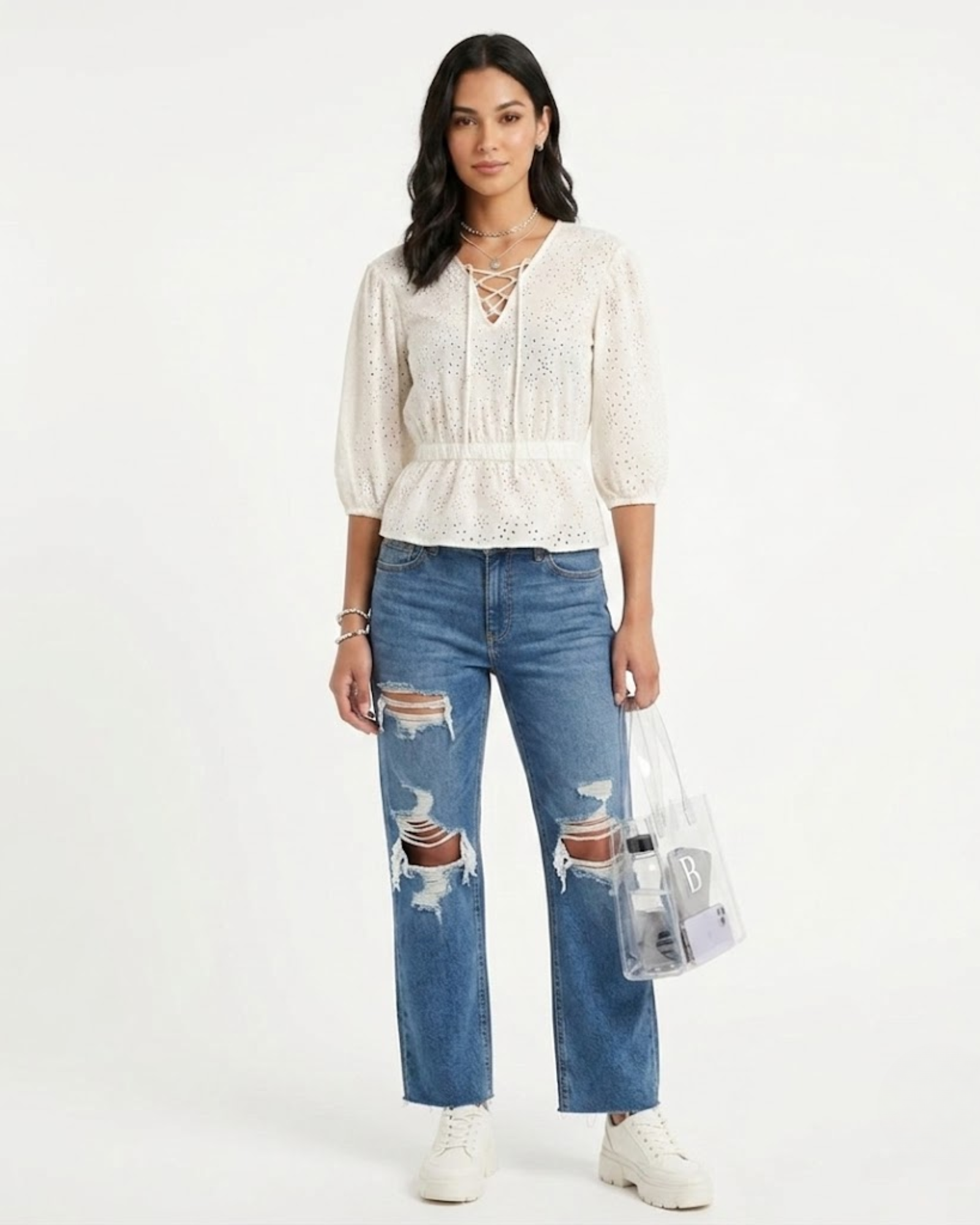 BERSHKA - Cotton Eyelet Corset-Detail Blouse