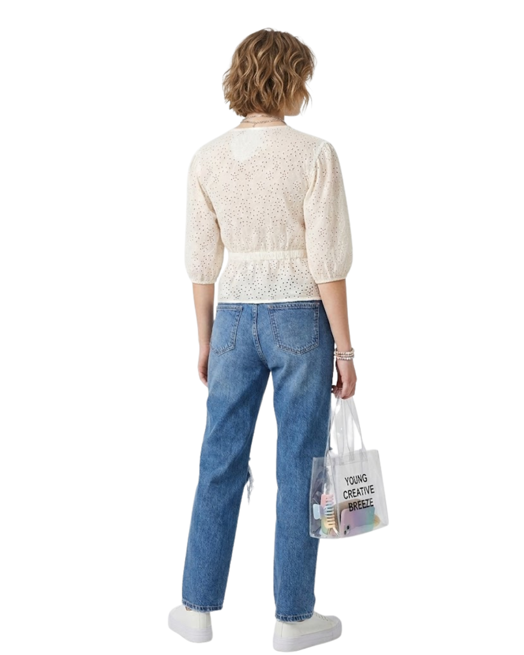BERSHKA - Cotton Eyelet Corset-Detail Blouse