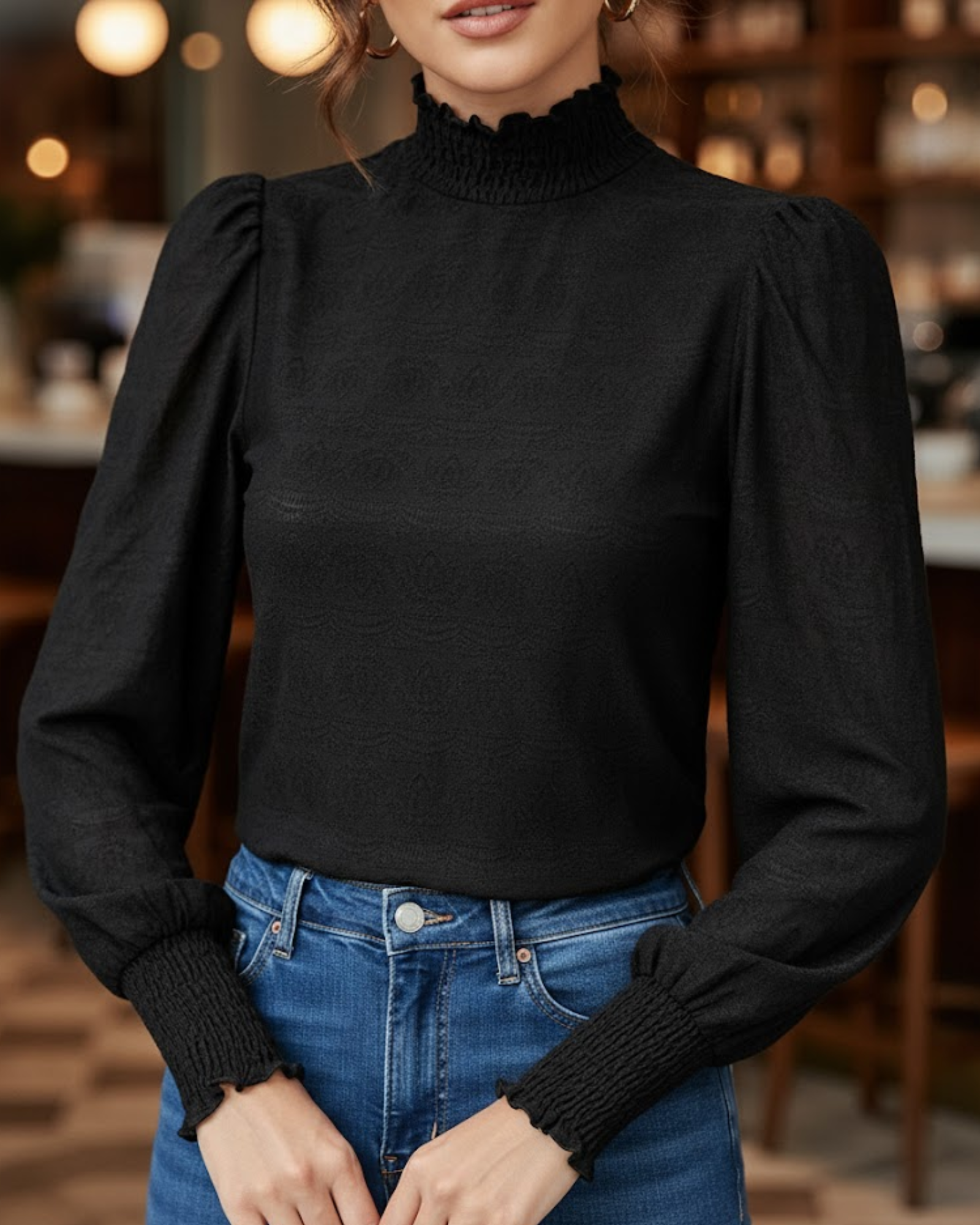 STRADIVARIUS - Black Mock Neck Sleeve Top