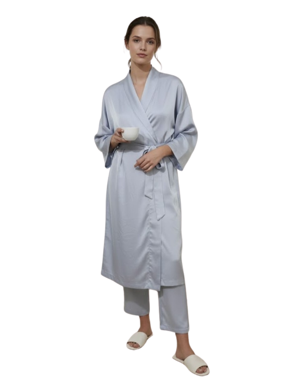 OYSHO - Silvery Satin & Plush Loungewear Wrap Robe