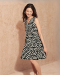 ESMARA - Geometric Print Linen Blend V-Neck Tiered Dress
