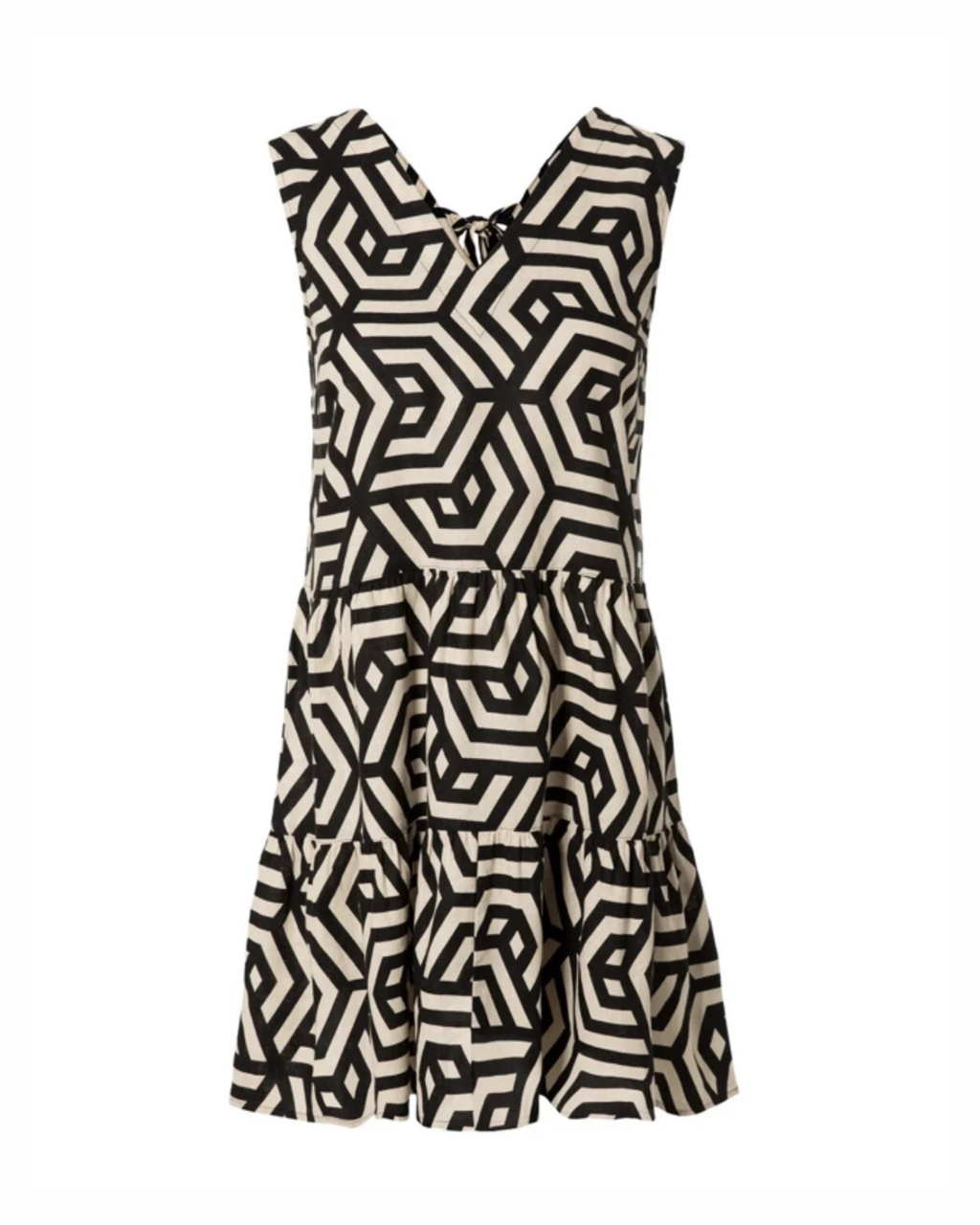 ESMARA - Geometric Print Linen Blend V-Neck Tiered Dress