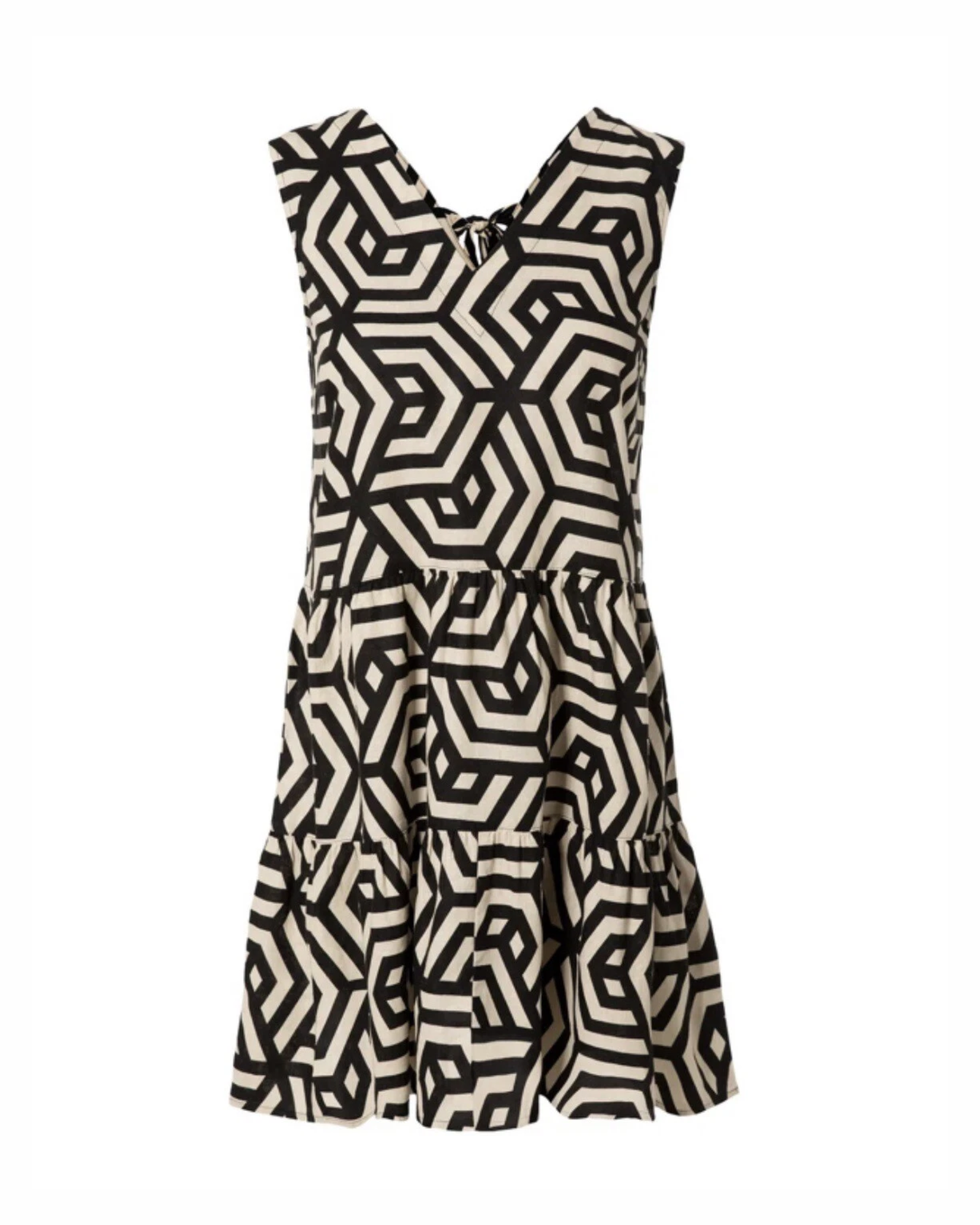 ESMARA - Geometric Print Linen Blend V-Neck Tiered Dress