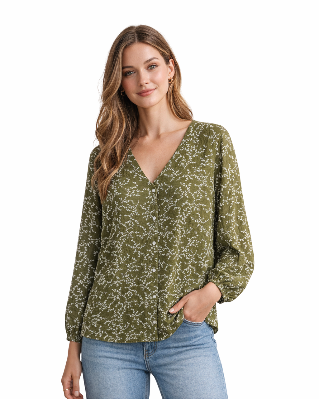 ZEEMAN - Olive Green Floral V-Neck Blouse