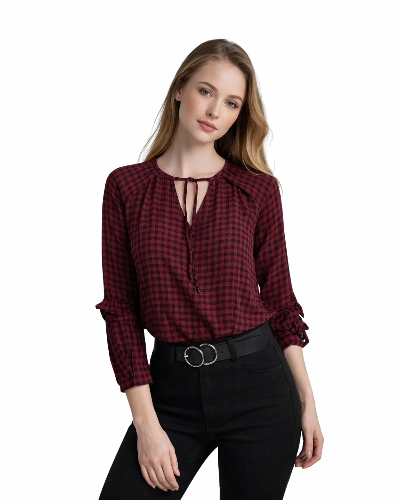 BERSHKA - BSKGirl Red Check Ruffle Sleeves Blouse