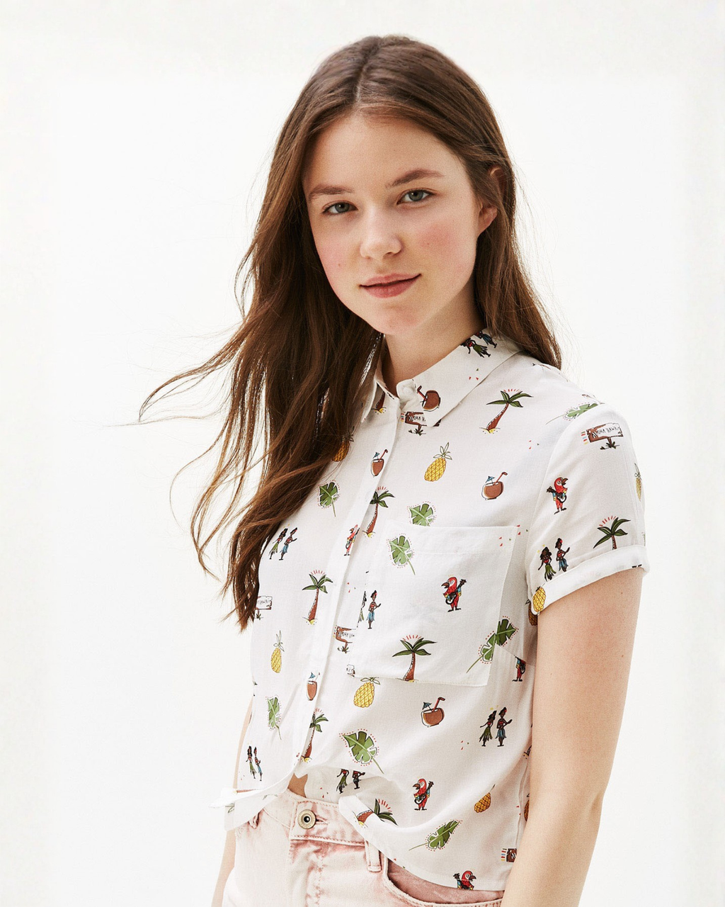 BERSHKA - BSKGirl Tropical Print Short Sleeve Button-Up Shirt
