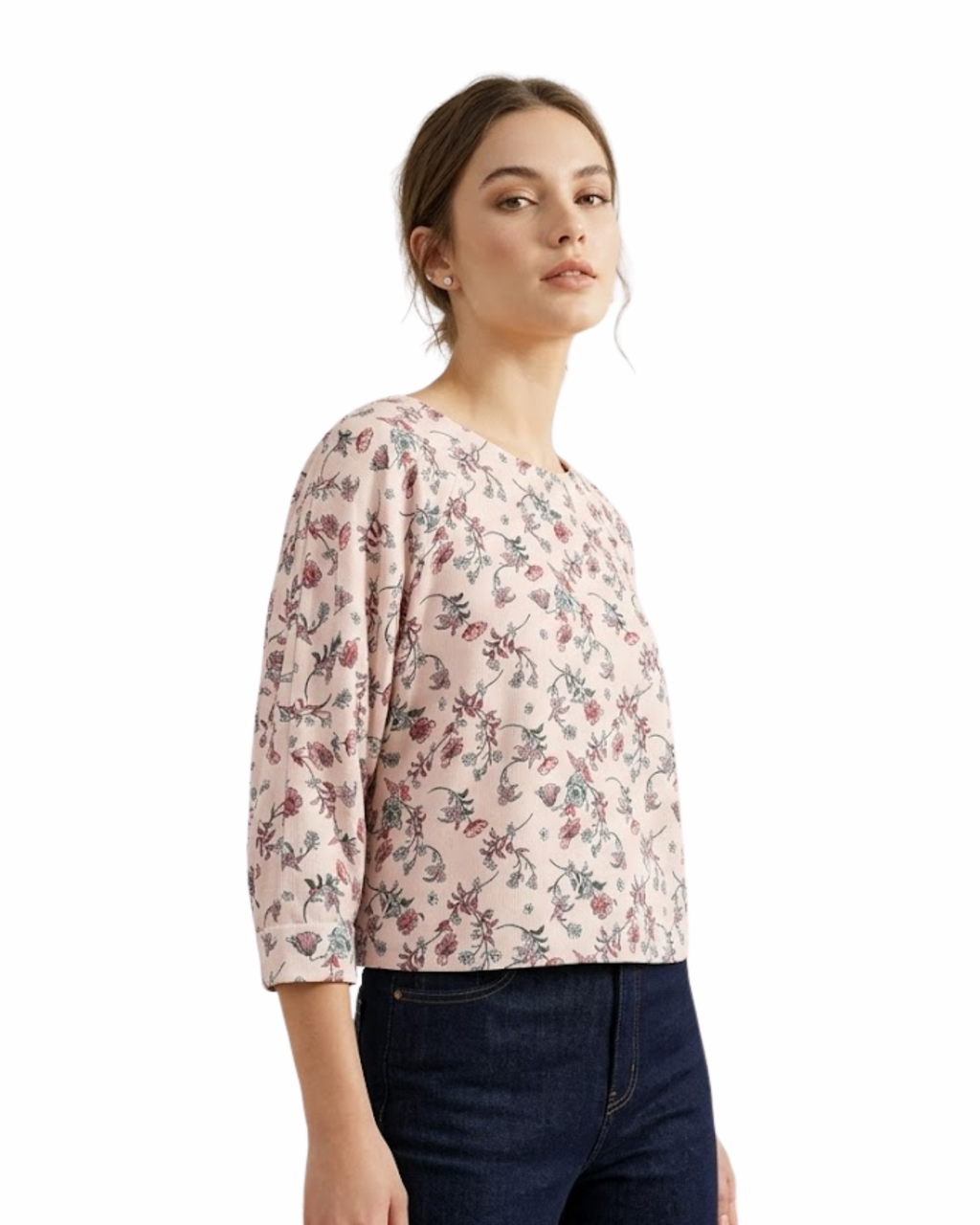 BERSHKA - Floral Batwing Light Pink Blouse