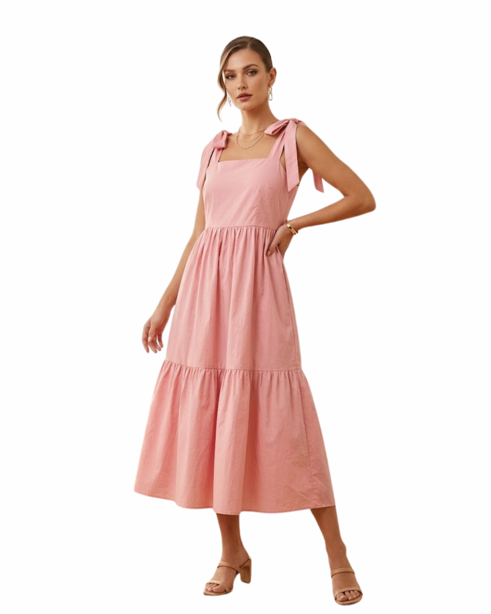 STRADIVARIUS - Pink Tiered Midi Dress with Tie Shoulders