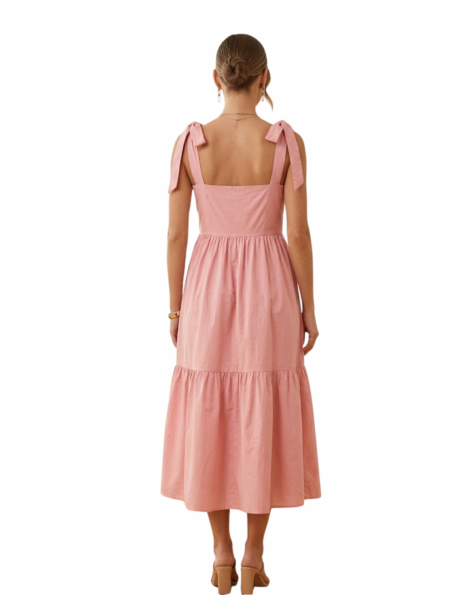 STRADIVARIUS - Pink Tiered Midi Dress with Tie Shoulders