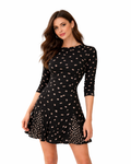BERSHKA - Black Floral Ruched Mini Dress with Lace-Up Back