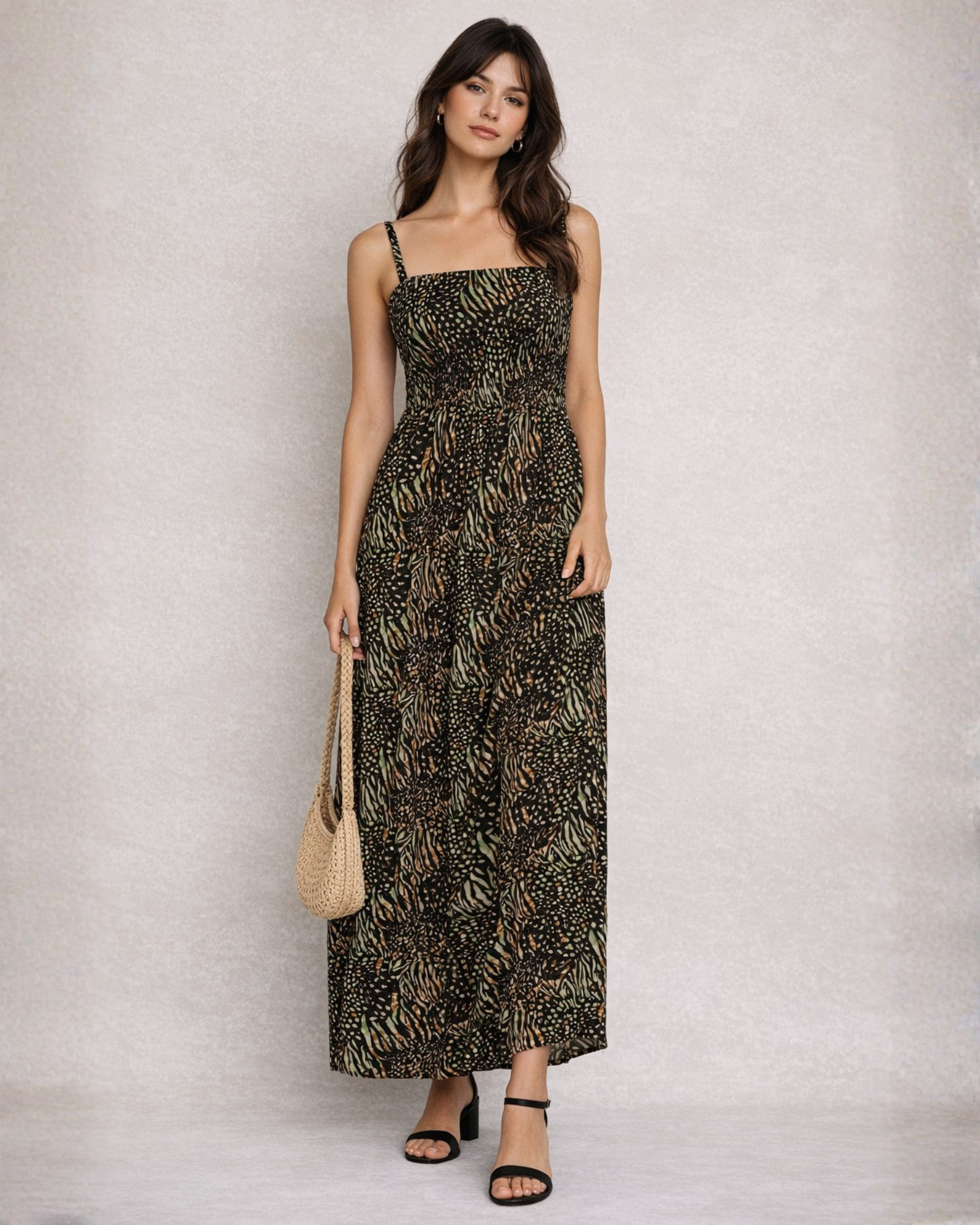 Women’s Abstract Animal Print Smocked Maxi Dress