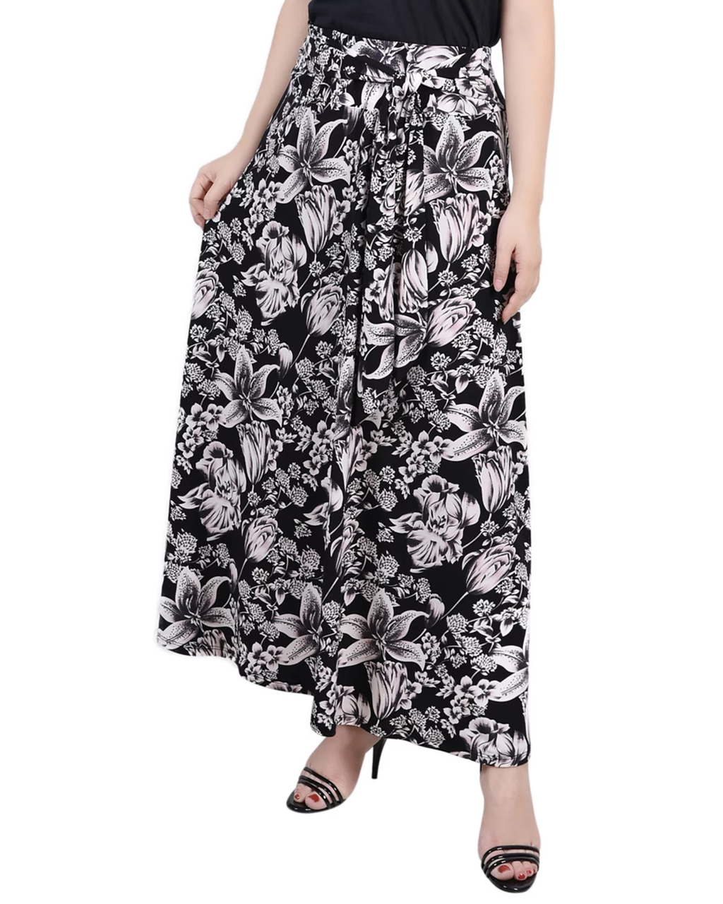 NY COLLECTION - Petite Printed Maxi Skirt with Sash Waist Tie