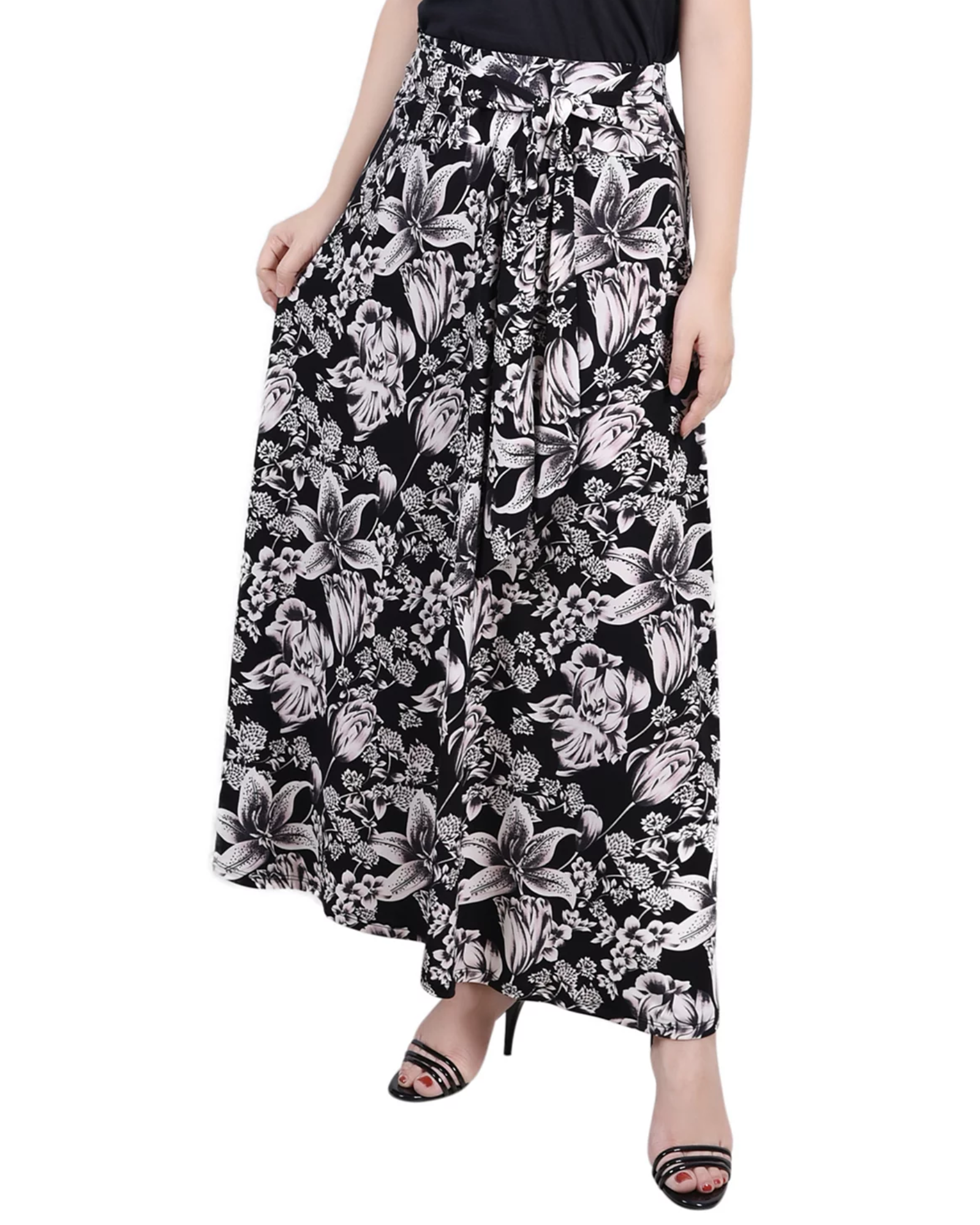 NY COLLECTION - Petite Printed Maxi Skirt with Sash Waist Tie