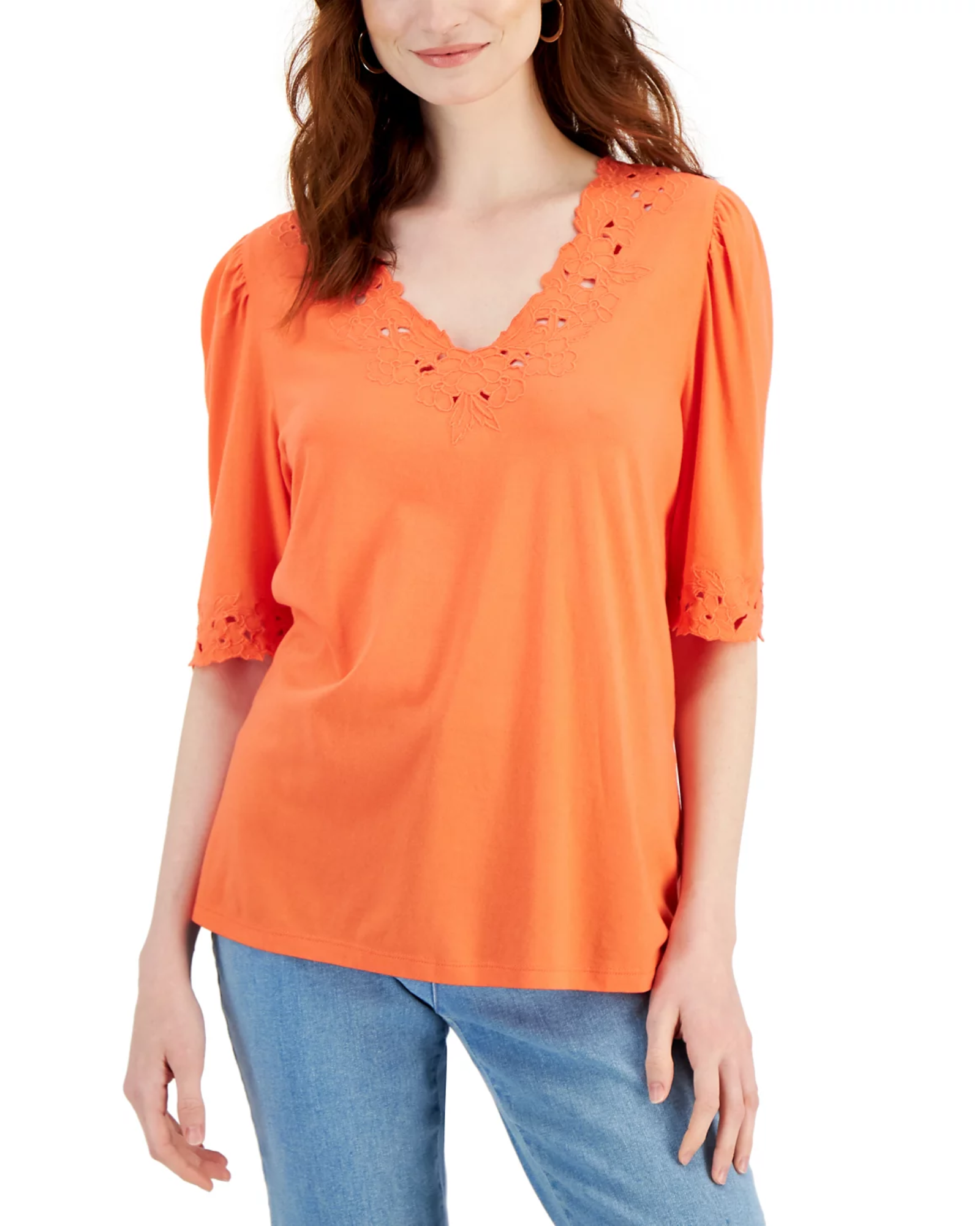 CHARTER CLUB - Petite Crochet-Trim Cotton Top