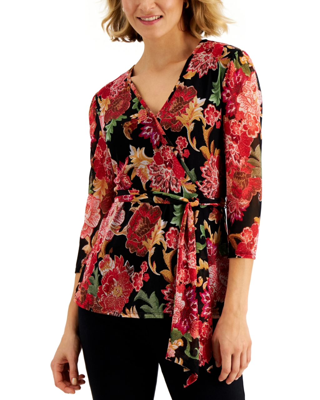 JM COLLECTION - Women’s Printed Wrap Top in Deep Black Combo