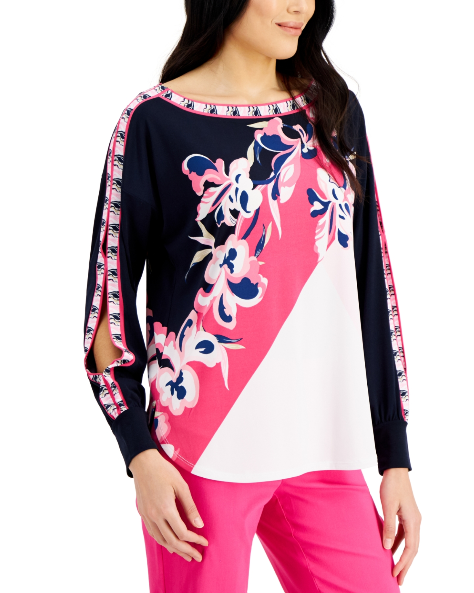 JM COLLECTION - Boat Neck Split Sleeve Top