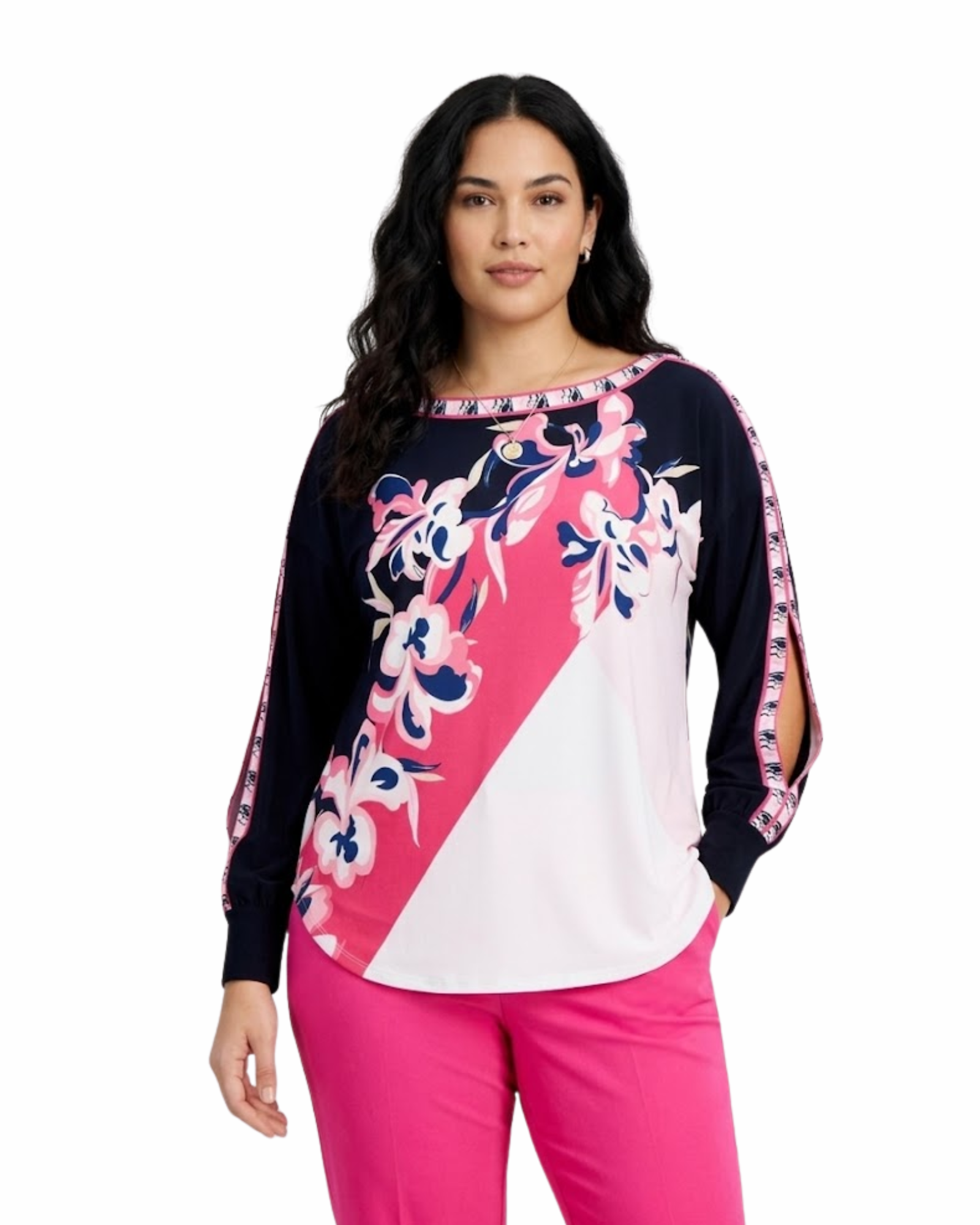 JM COLLECTION - Boat Neck Split Sleeve Top
