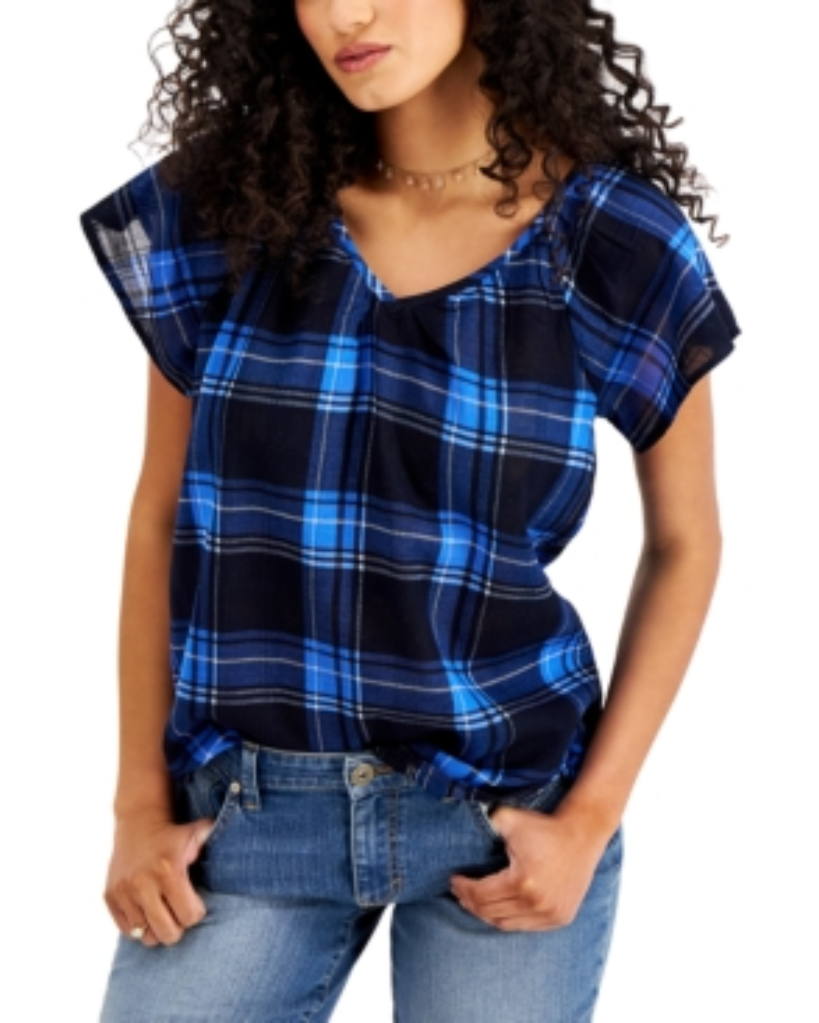 STYLE & CO. - Women’s 100% Cotton Plaid Flutter Sleeve Top