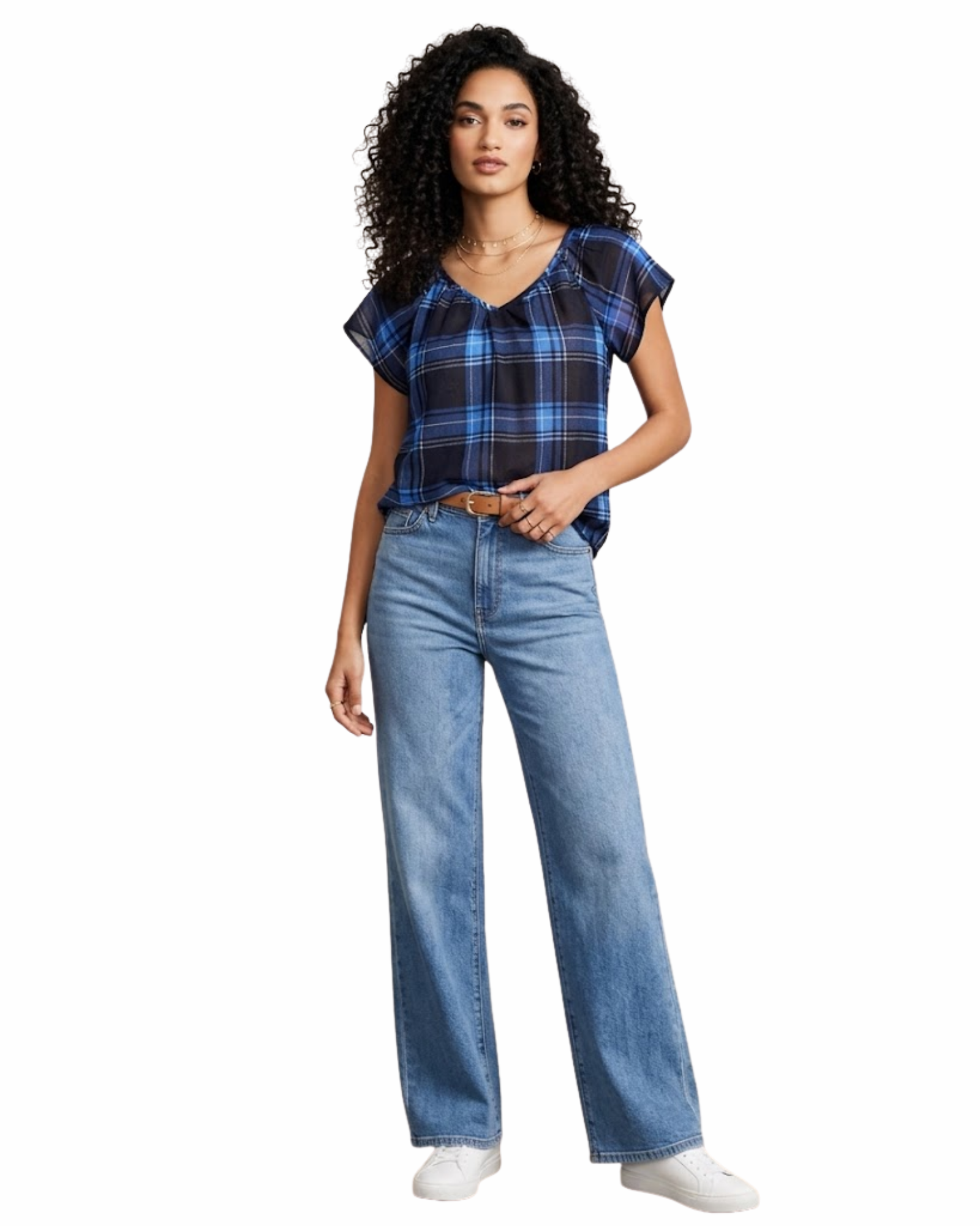 STYLE & CO. - Women’s 100% Cotton Plaid Flutter Sleeve Top