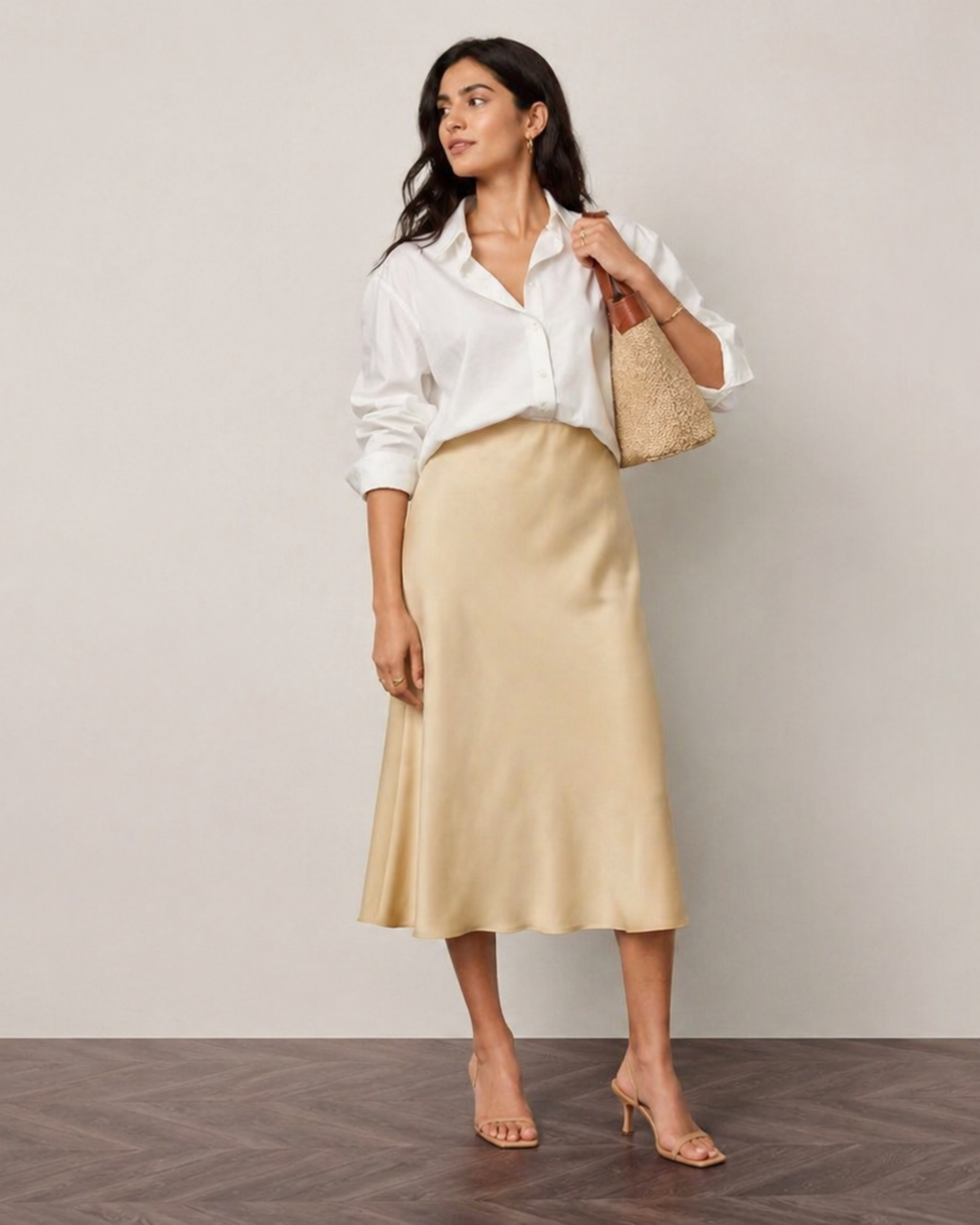ESMARA - Women’s Beige Satin Midi Skirt