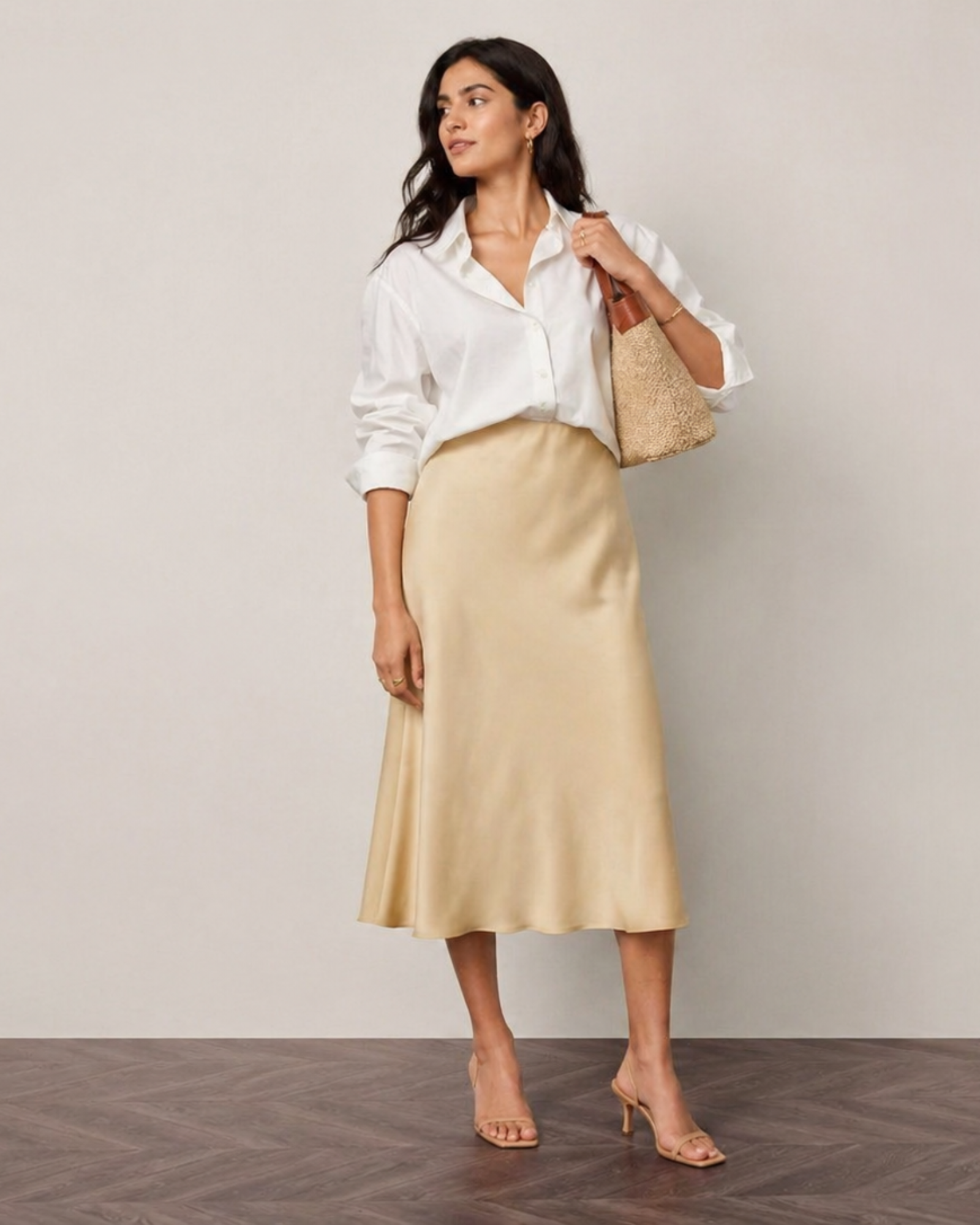 ESMARA - Women’s Beige Satin Midi Skirt