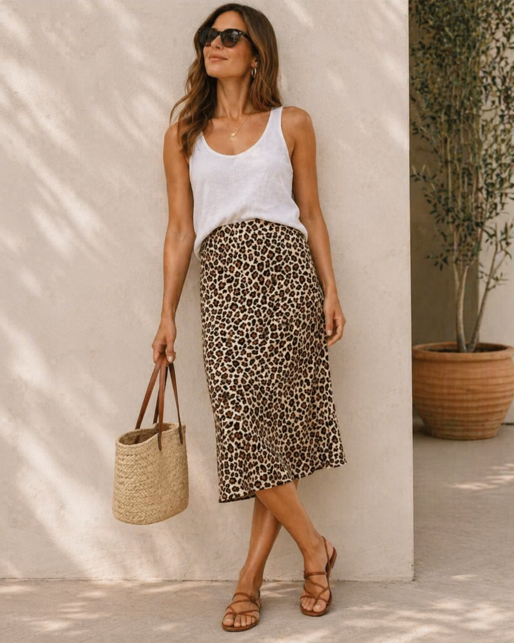 ESMARA - Women’s High-Waisted Leopard Print Midi Satin Skirt