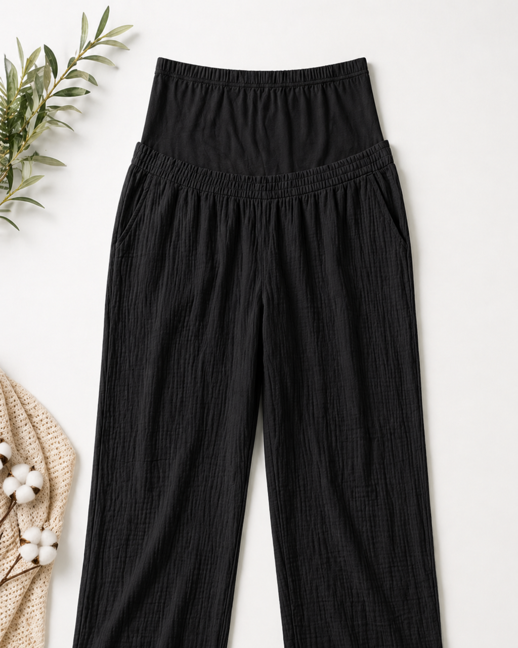 ESMARA - Maternity Muslin Cotton Wide-Leg Black Pants