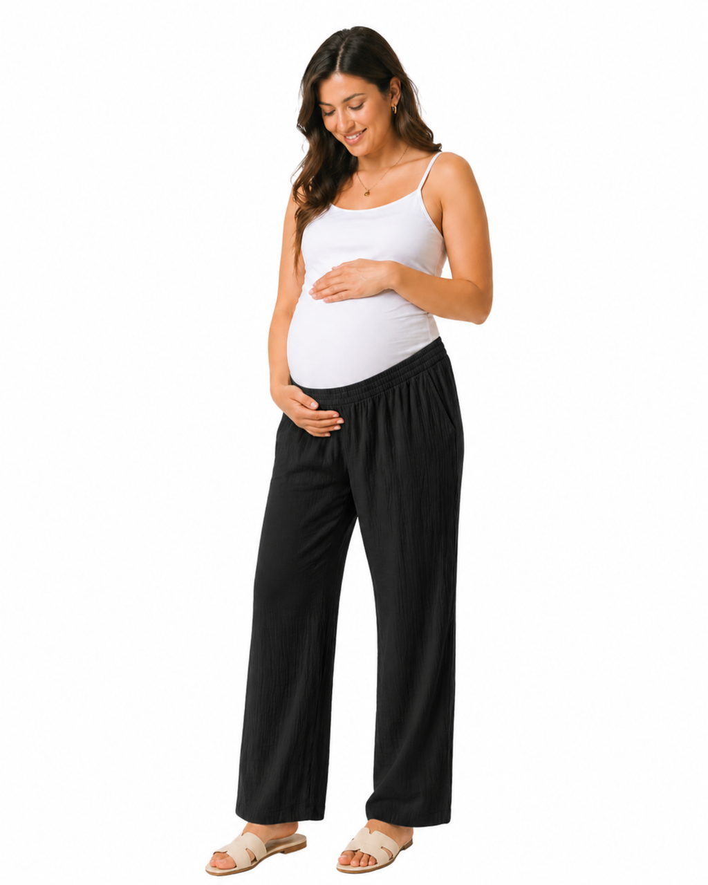 ESMARA - Maternity Muslin Cotton Wide-Leg Black Pants