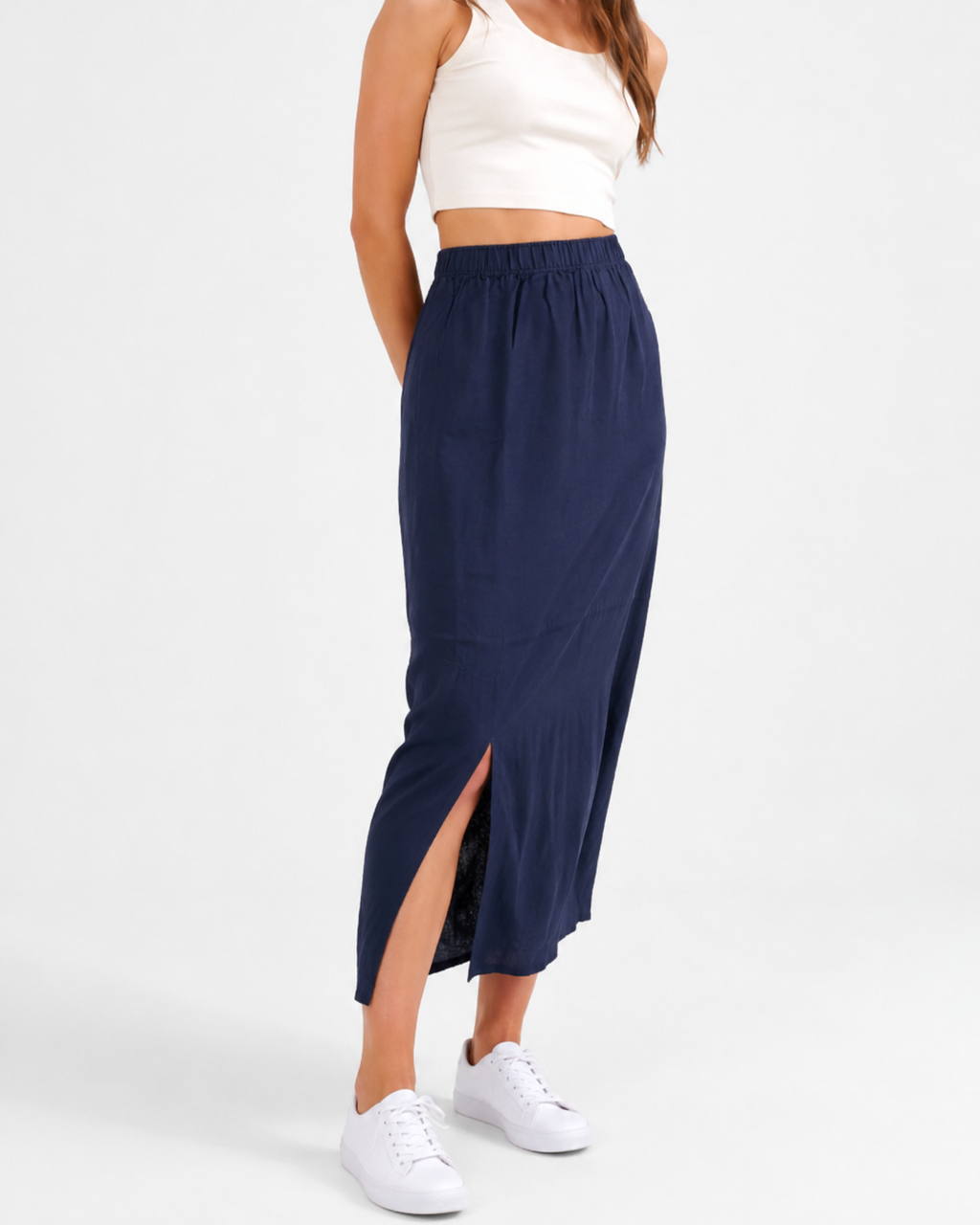 ESMARA - Navy Linen-Viscose Midi Skirt with Double Side Slits