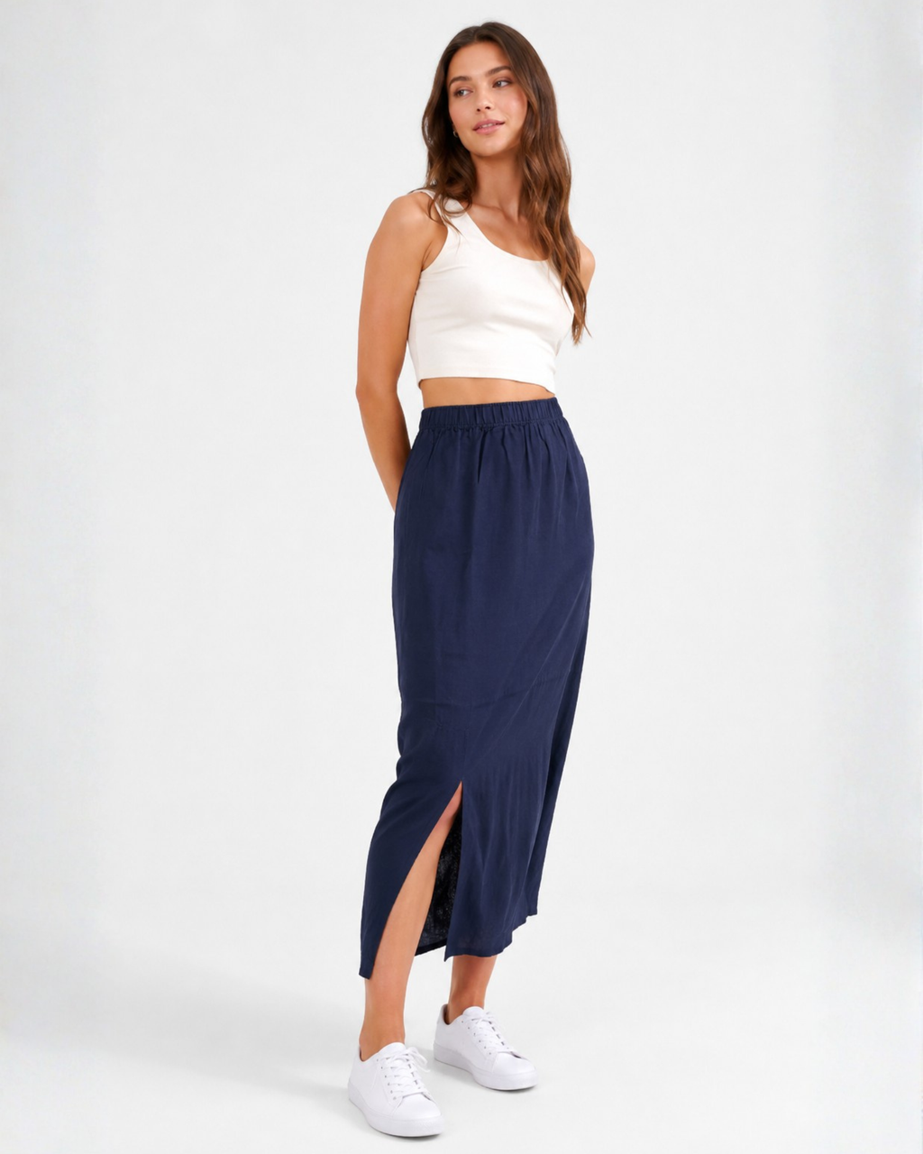 ESMARA - Navy Linen-Viscose Midi Skirt with Double Side Slits