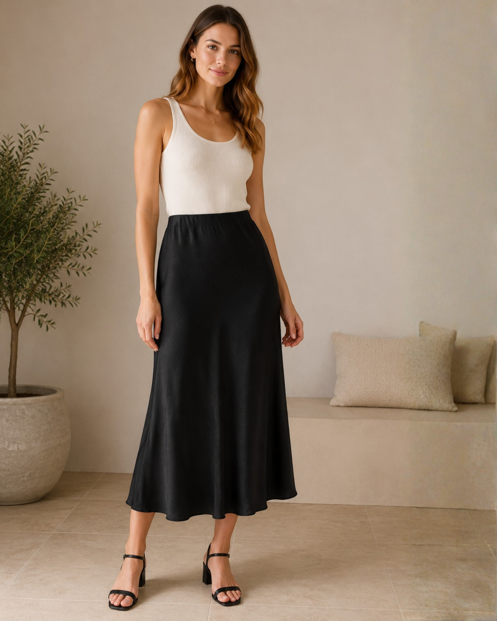 ESMARA - Women’s Black Satin Midi Skirt