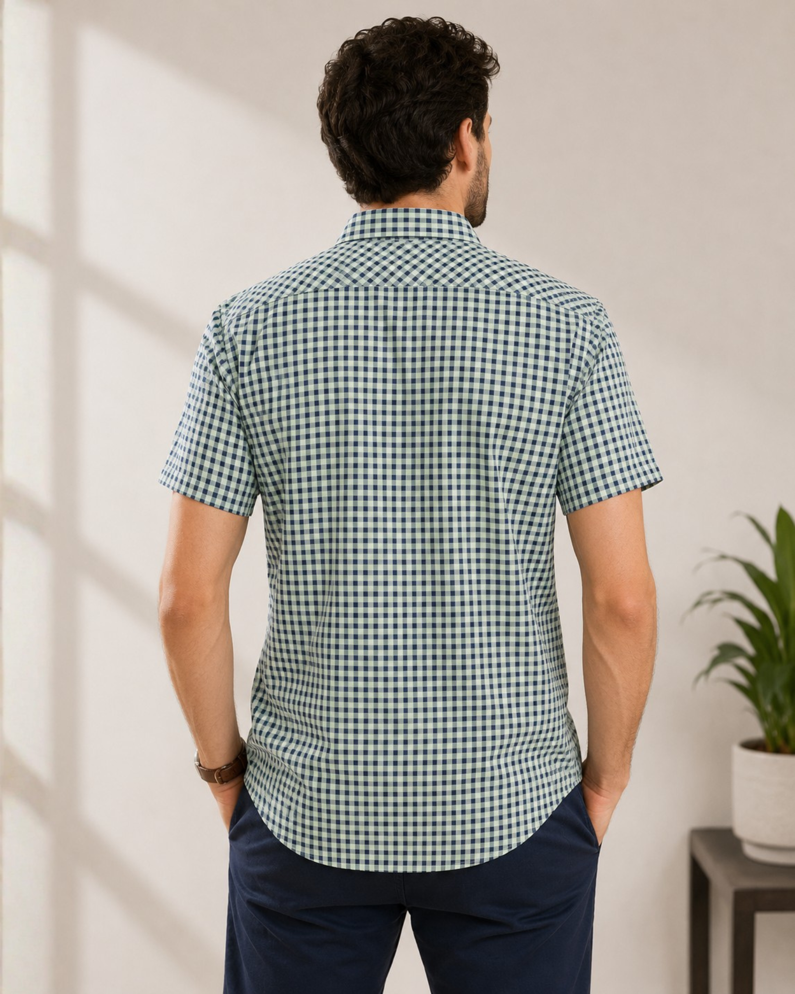 BERSHKA - Men’s 100% Cotton Mint Check Short Sleeve Shirt