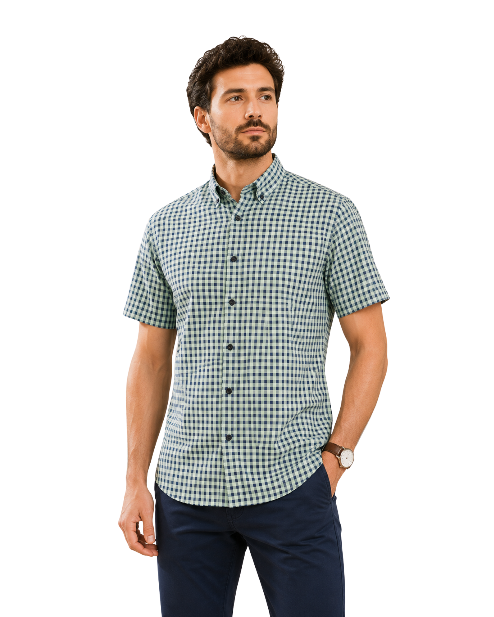 BERSHKA - Men’s 100% Cotton Mint Check Short Sleeve Shirt