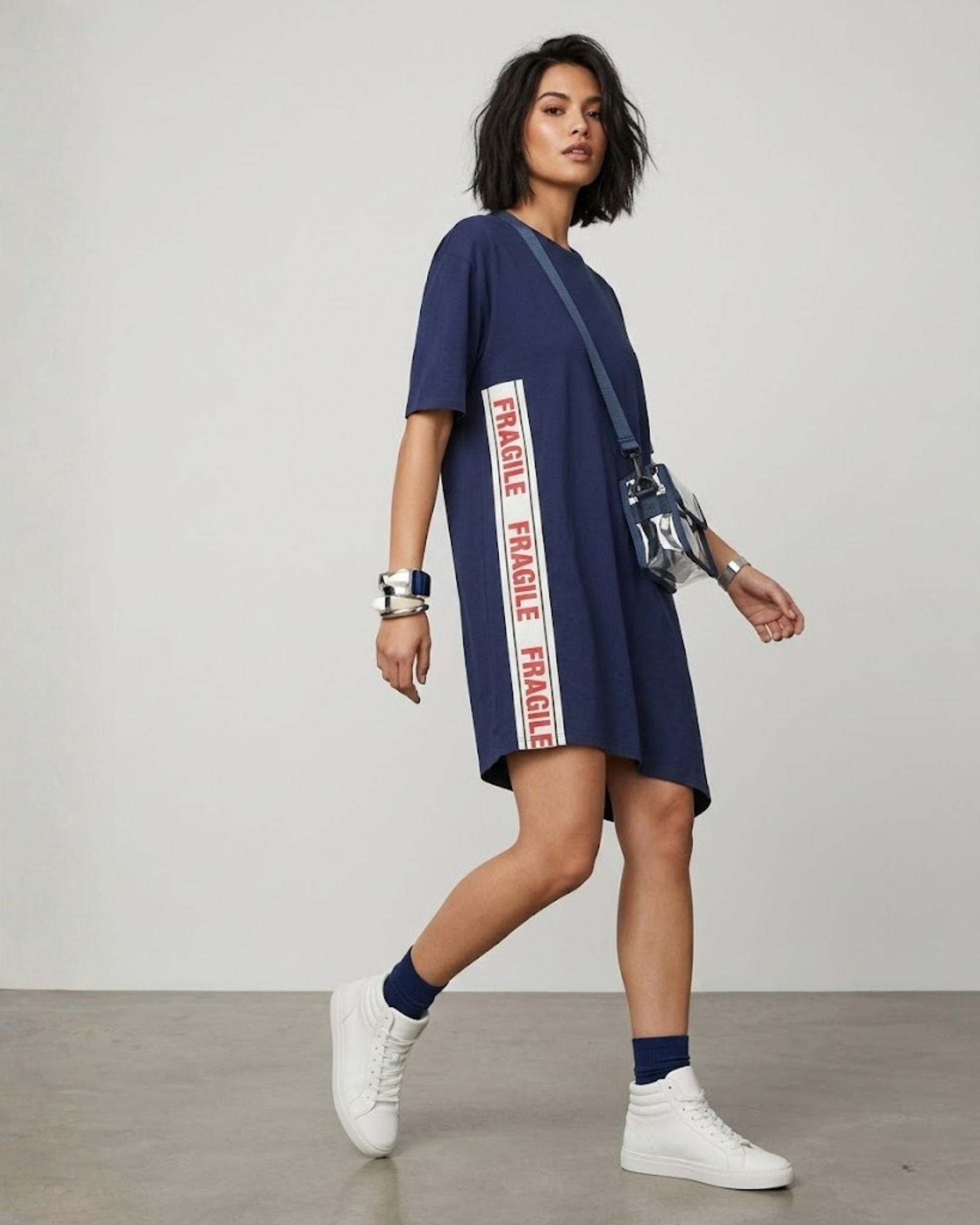 ZARA - Trafaluc Navy "FRAGILE" Graphic T-Shirt Dress