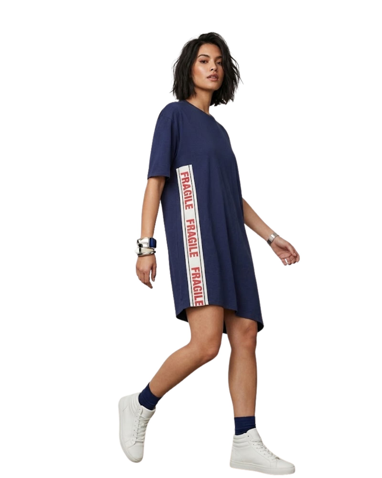 ZARA - Trafaluc Navy "FRAGILE" Graphic T-Shirt Dress