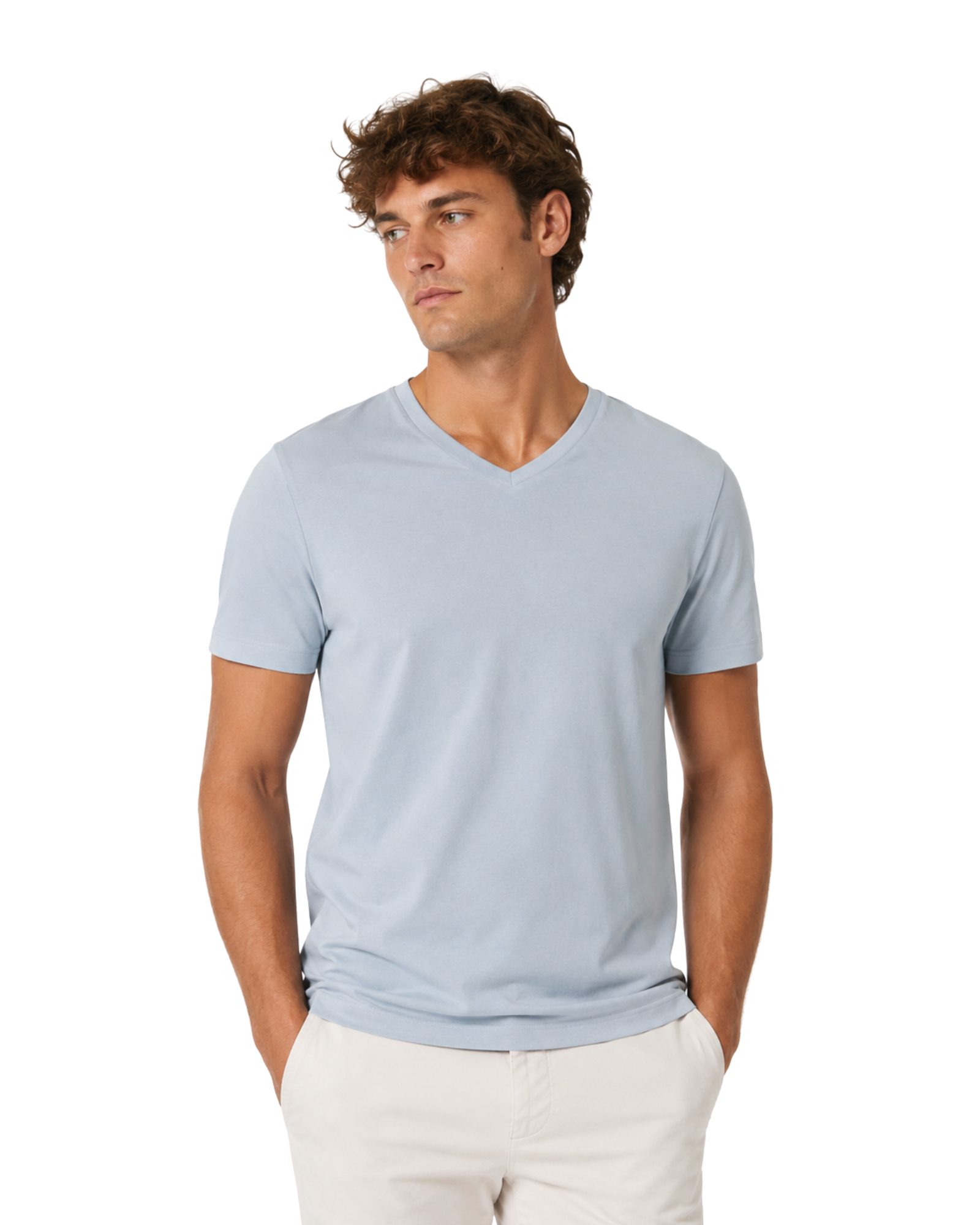 BERSHKA - Regular Fit Light Blue V-Neck Cotton T-Shirt